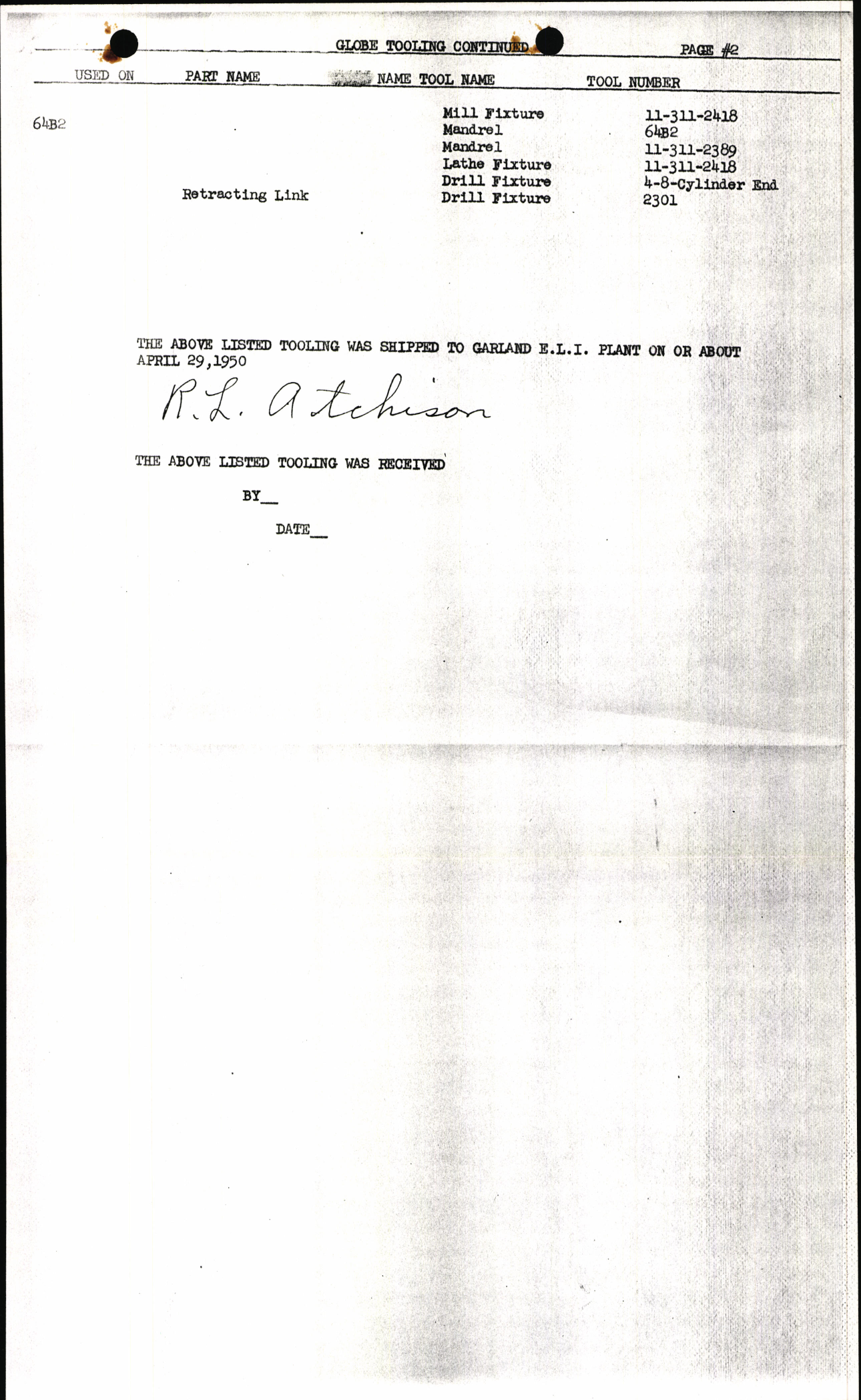 Sample page 2 from AirCorps Library document: Globe Strut Inventory and Tooling Fixtures List