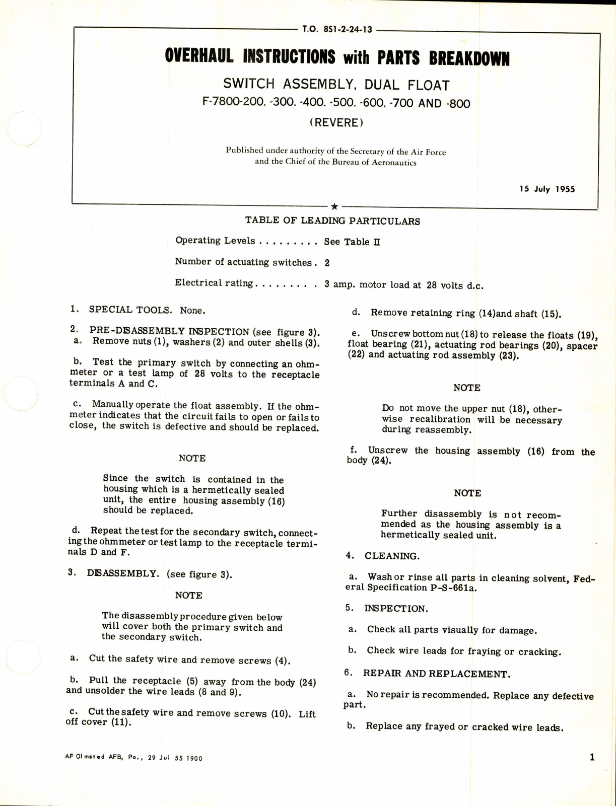 Sample page 1 from AirCorps Library document: Overhaul Instructions with Parts Breakdown for Switch Assembly, Dual Float