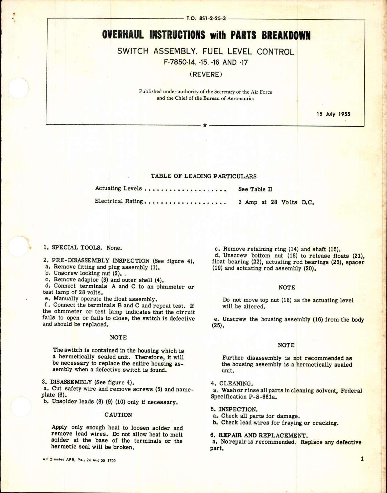 Sample page 1 from AirCorps Library document: Switch Assembly, Fuel Level Control