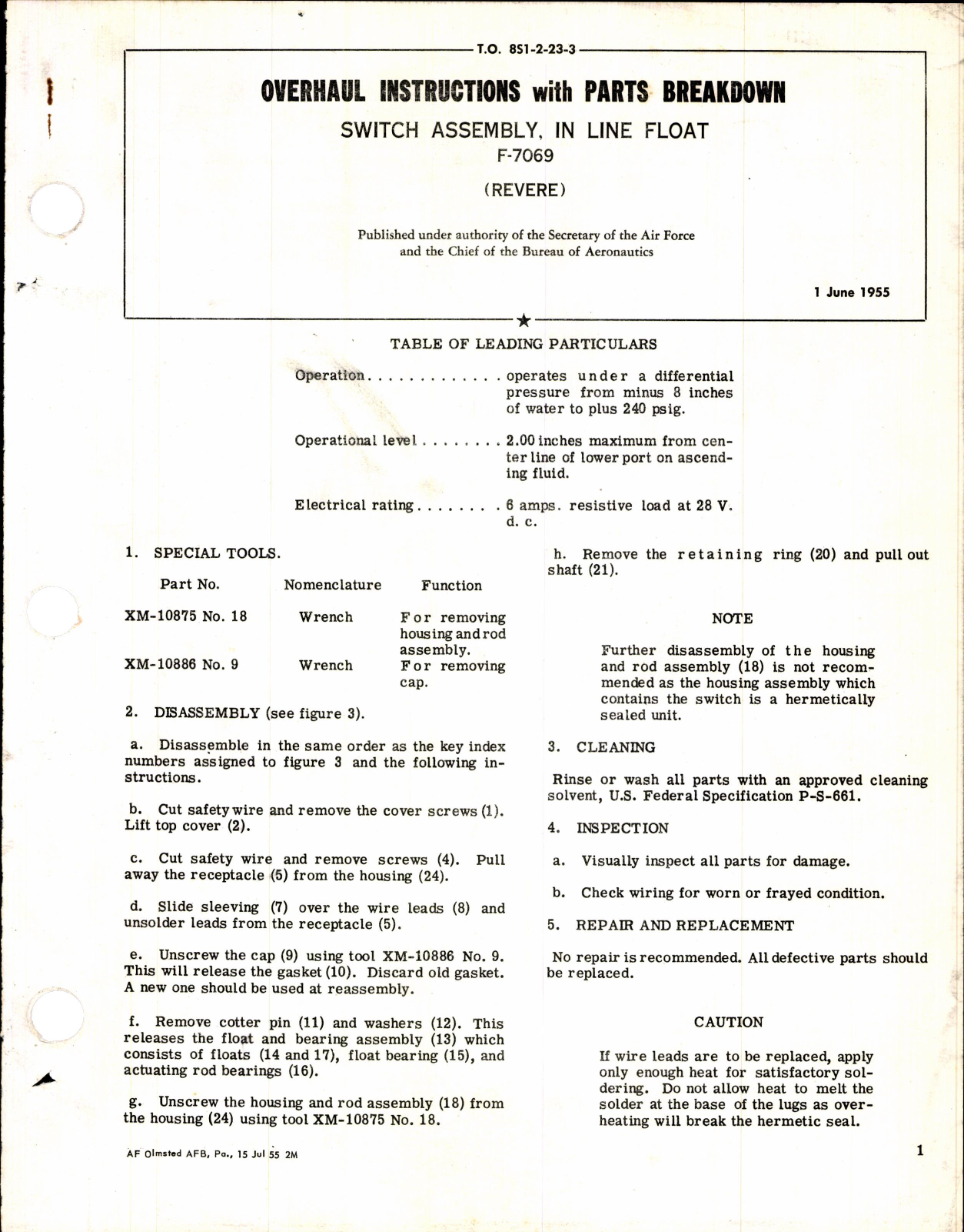 Sample page 1 from AirCorps Library document: Switch Assembly, In Line Float F-7069