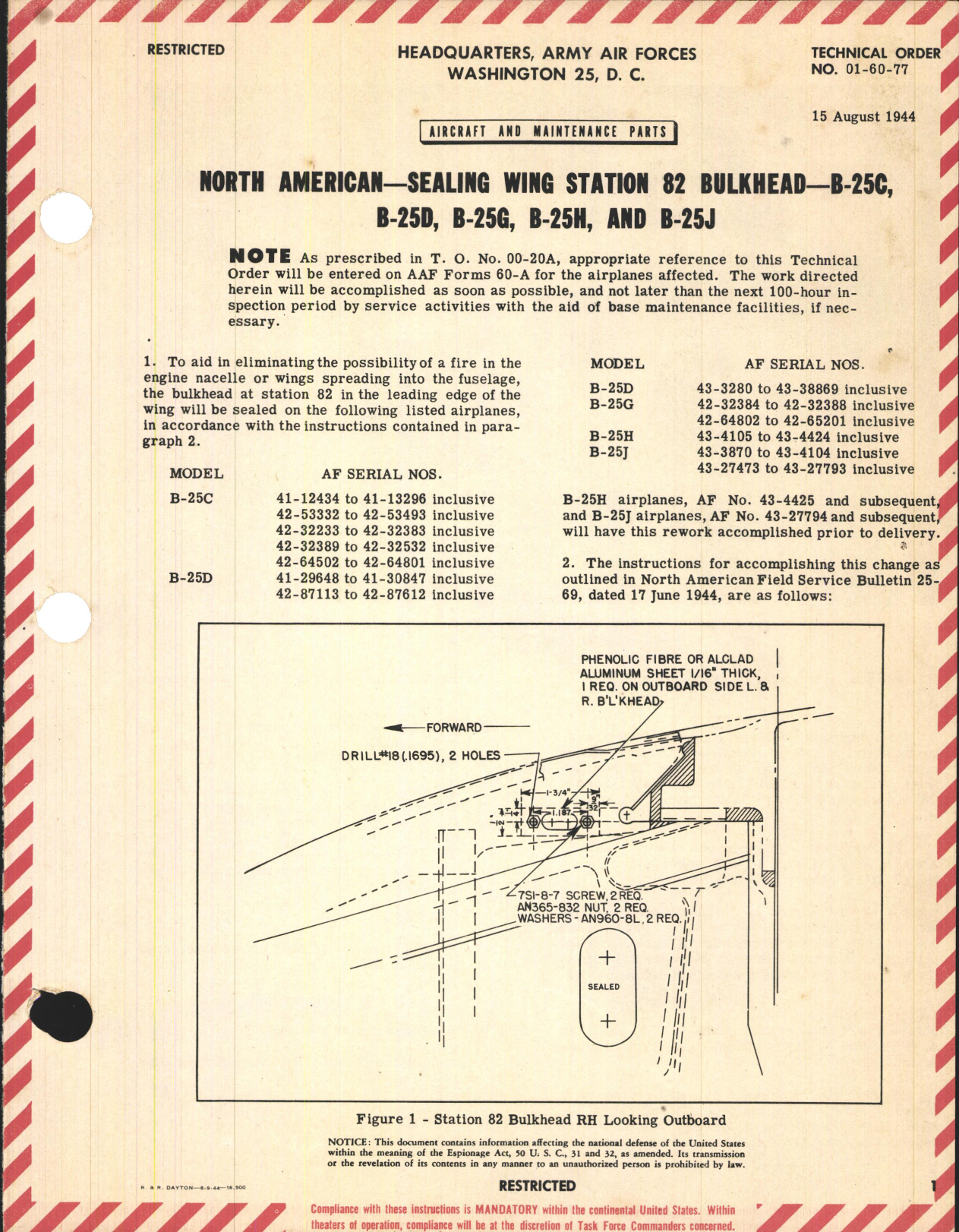 Sample page 1 from AirCorps Library document: Sealing Wing Station 82 Bulkhead for B-25