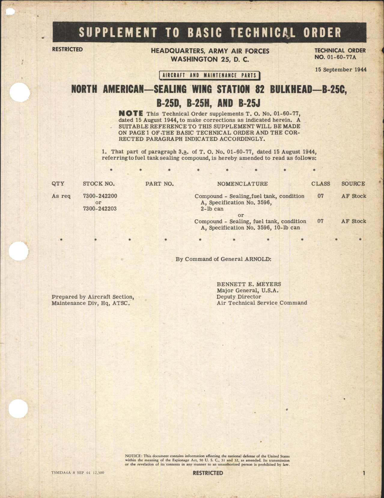 Sample page 1 from AirCorps Library document: Sealing Wing Station 82 Bulkheadfor B-25