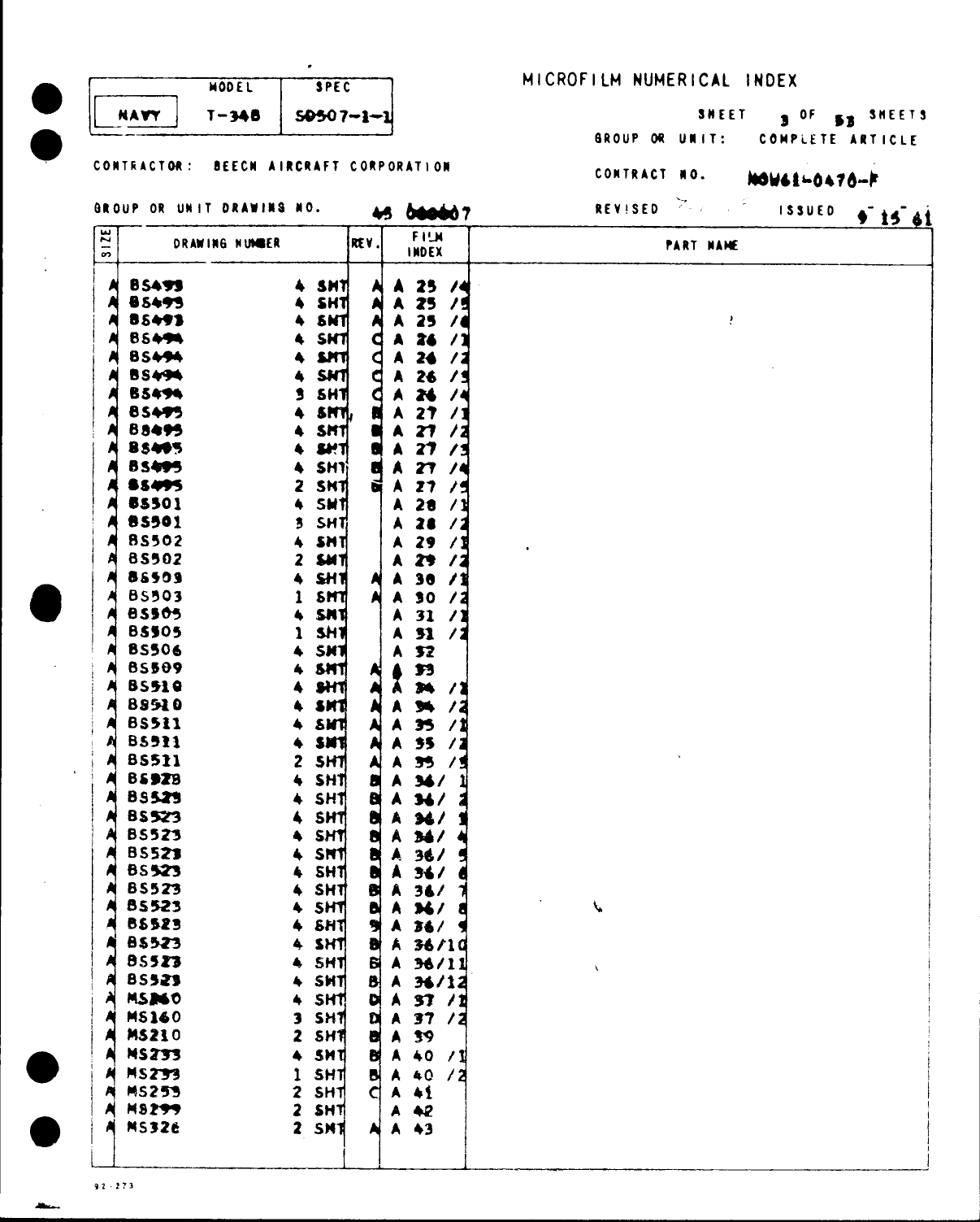 Sample page 3 from AirCorps Library document: Microfilm Numerical Index for T-34B