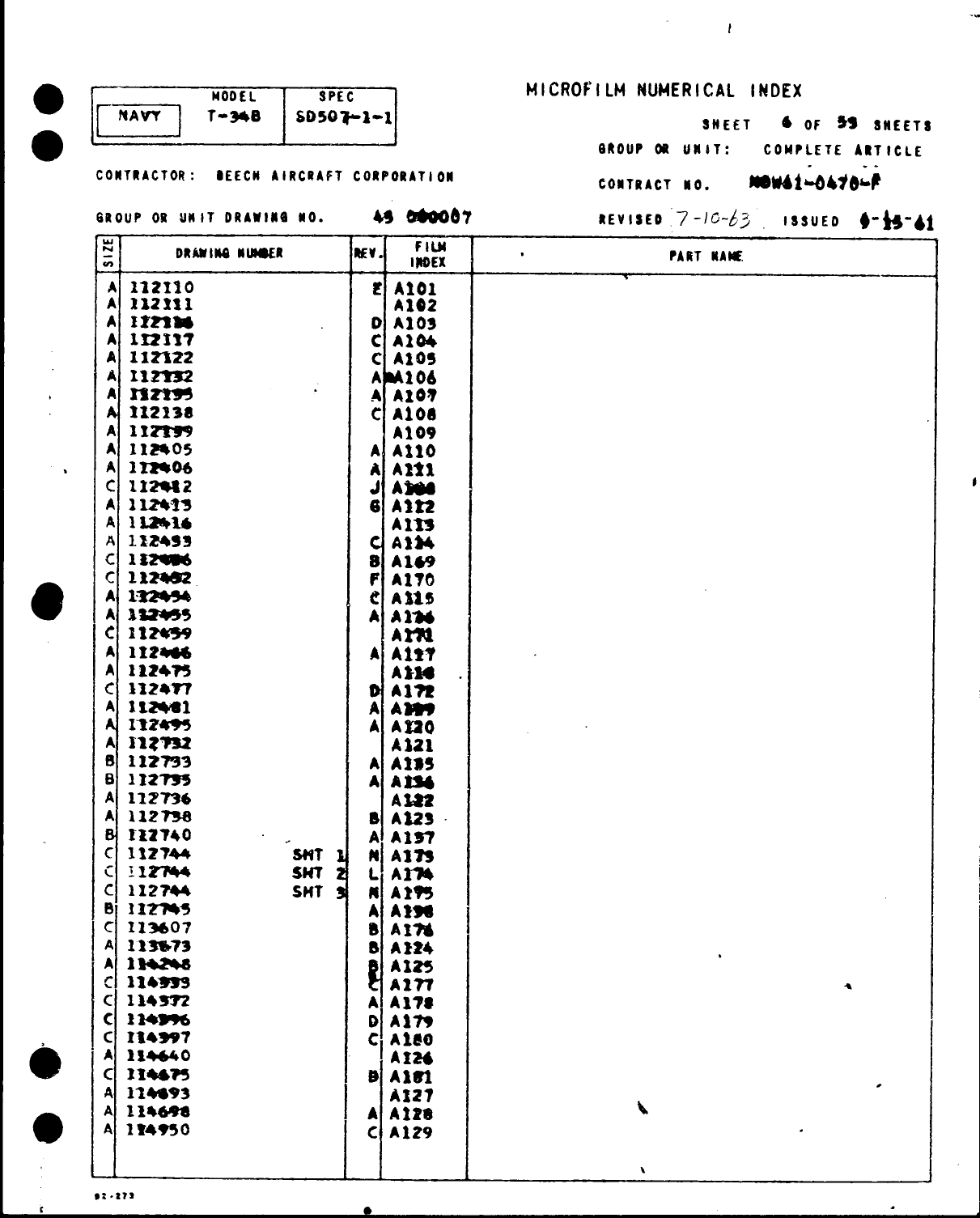 Sample page 6 from AirCorps Library document: Microfilm Numerical Index for T-34B