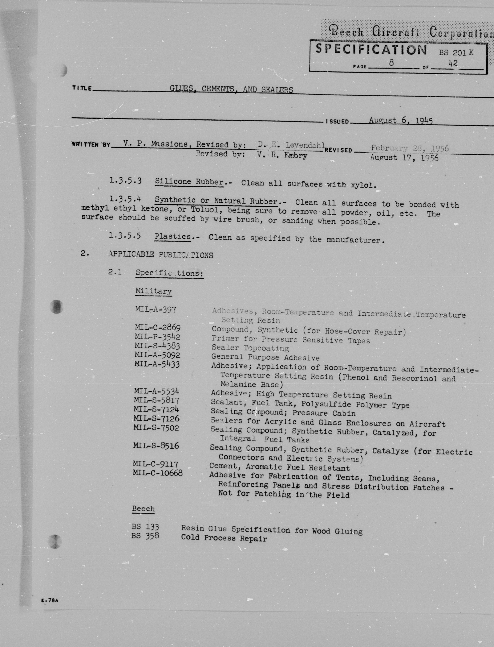 Sample page 10 from AirCorps Library document: Beechcraft Specification - Glues, Cements, and Sealants