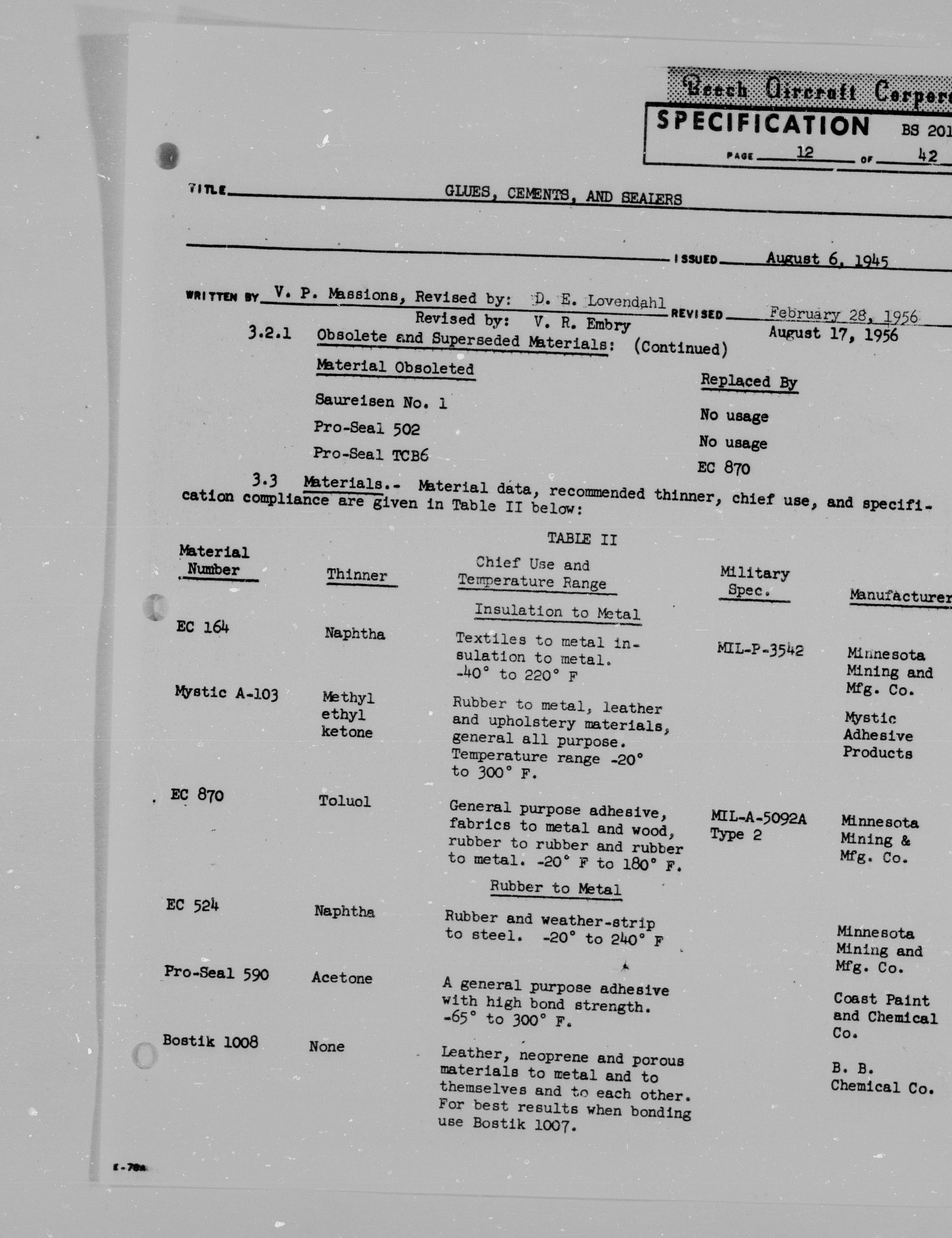 Sample page 14 from AirCorps Library document: Beechcraft Specification - Glues, Cements, and Sealants