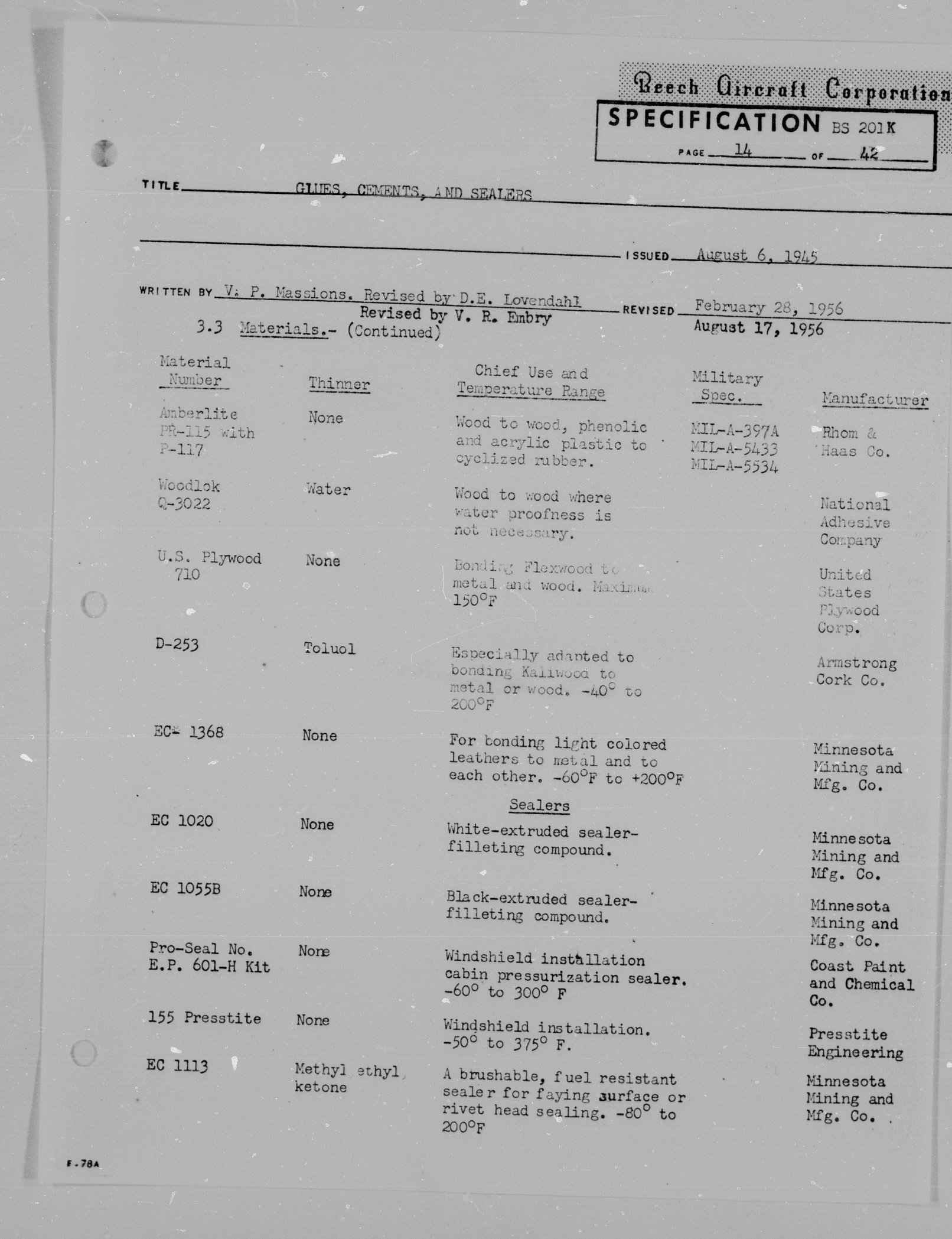 Sample page 16 from AirCorps Library document: Beechcraft Specification - Glues, Cements, and Sealants