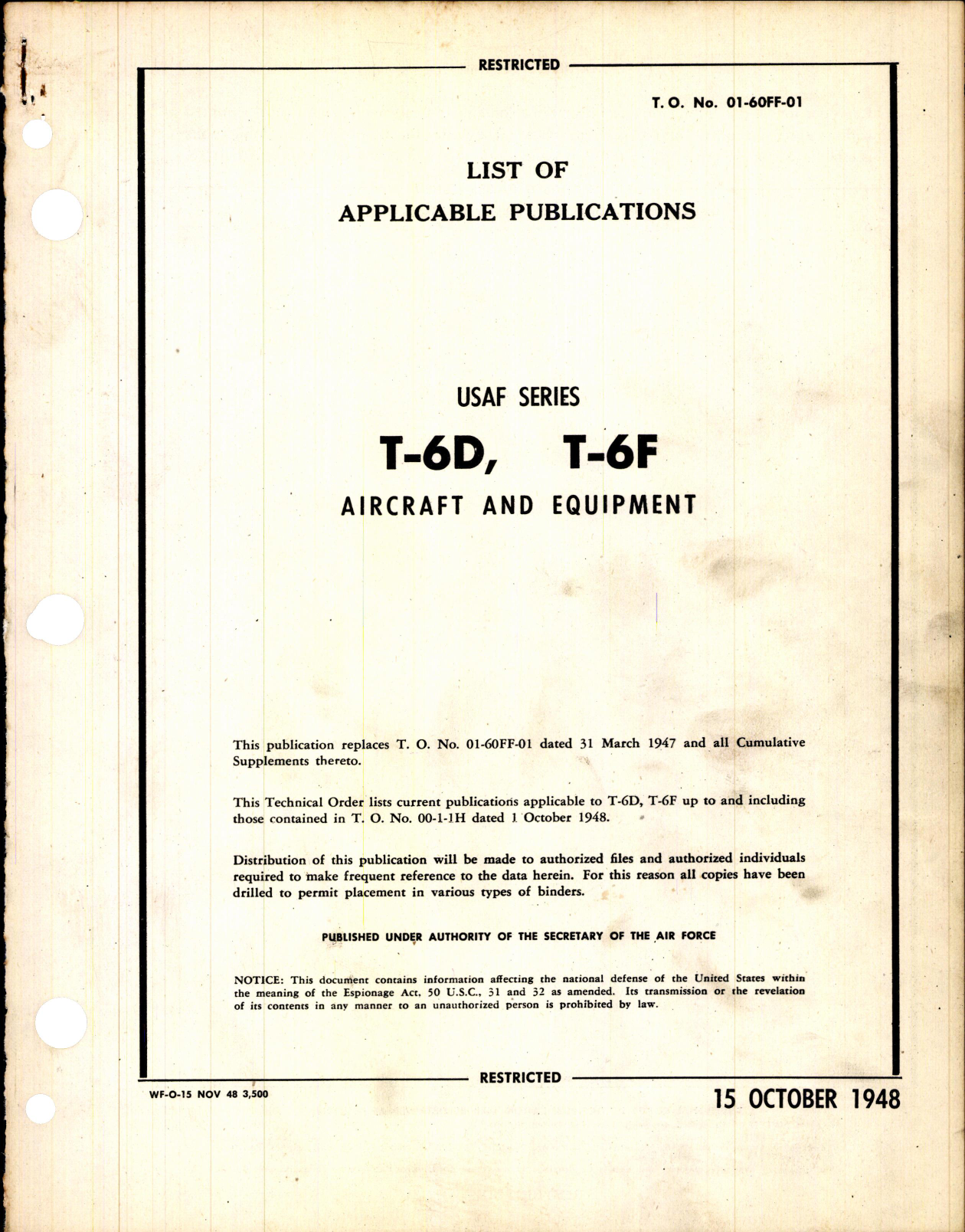 Sample page 1 from AirCorps Library document: List of Applicable Publications for T-6D, & T-6F 
