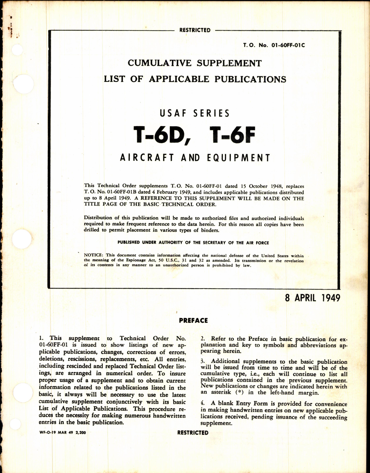 Sample page 1 from AirCorps Library document: Cumulative Supplement List of Applicable Publications for T-6