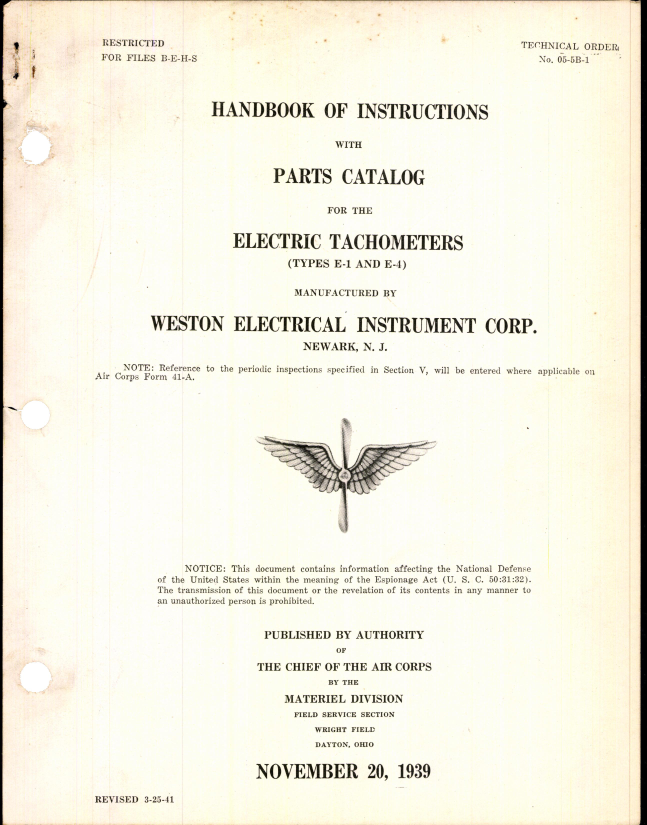 Sample page 1 from AirCorps Library document: Electrical Tachometers Type E-1 and E-4
