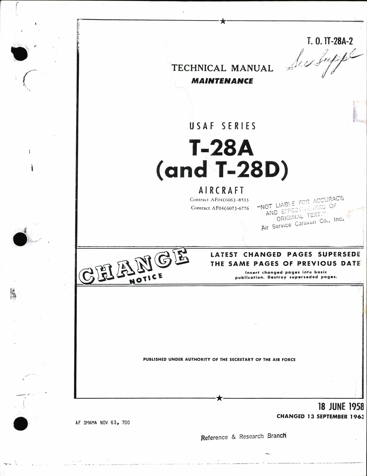 Sample page 1 from AirCorps Library document: Technical Manual Maintenance T-28A and T-28D Aircraft