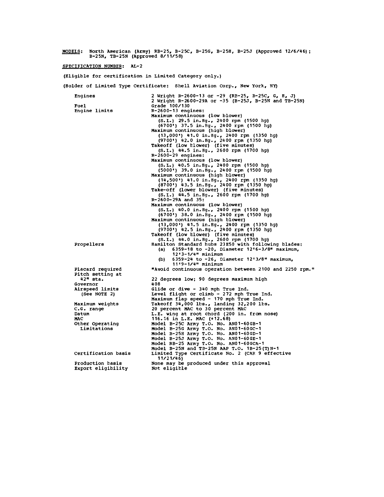 Sample page 1 from AirCorps Library document: Type Certificate Data Sheet - B-25