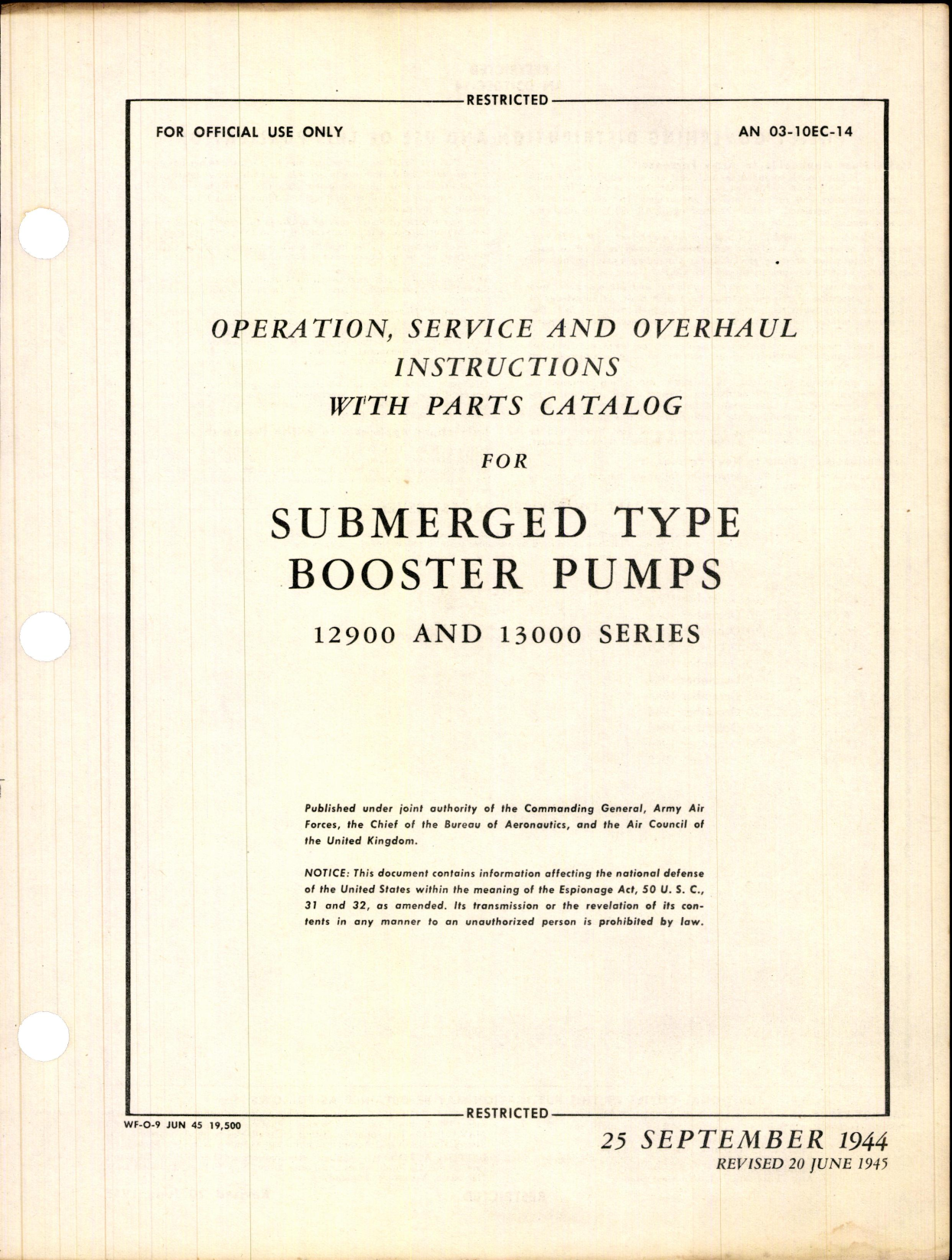 Sample page 1 from AirCorps Library document: Operation, Service, & Overhaul Inst w/ Parts Catalog for Submerged Type Booster Pumps