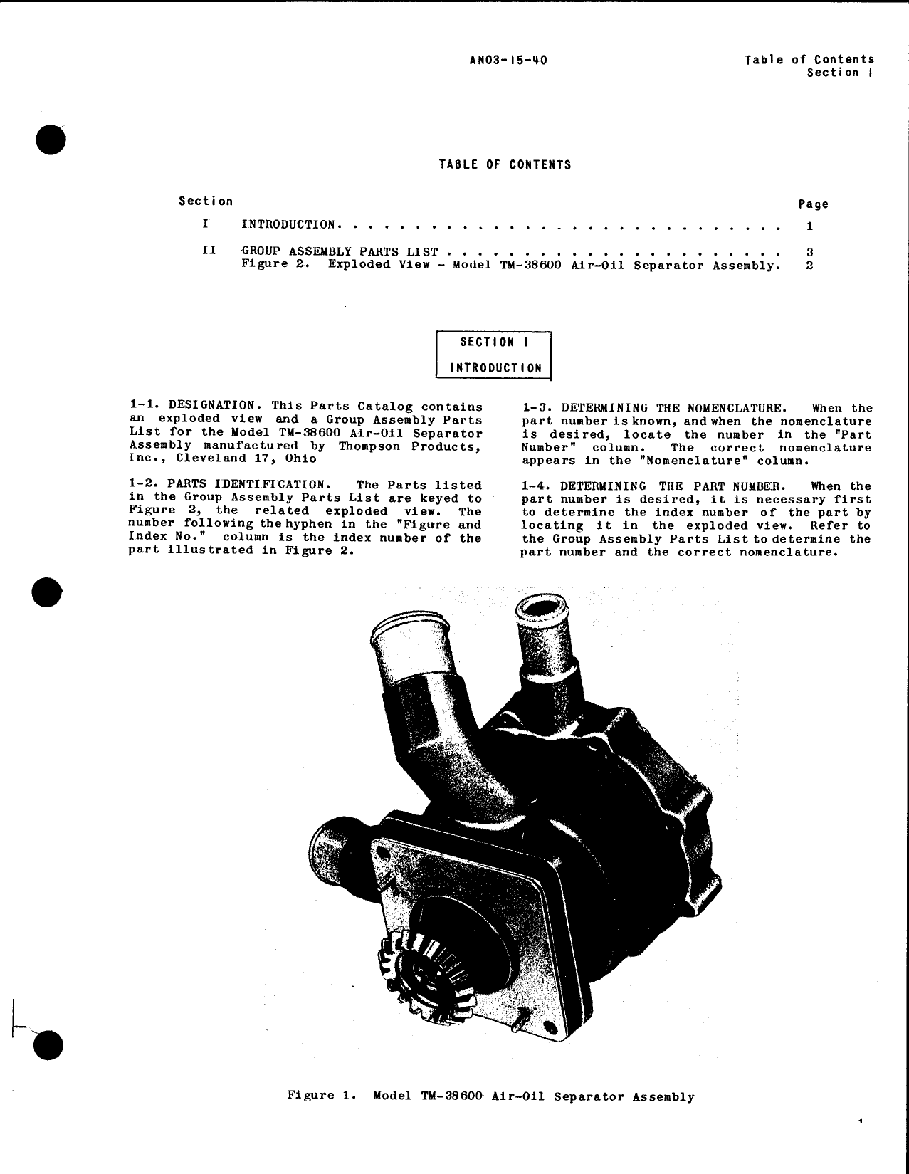 Sample page 3 from AirCorps Library document: Parts Catalog for Model TM-38600 Air-Oil Separator (Thompson)