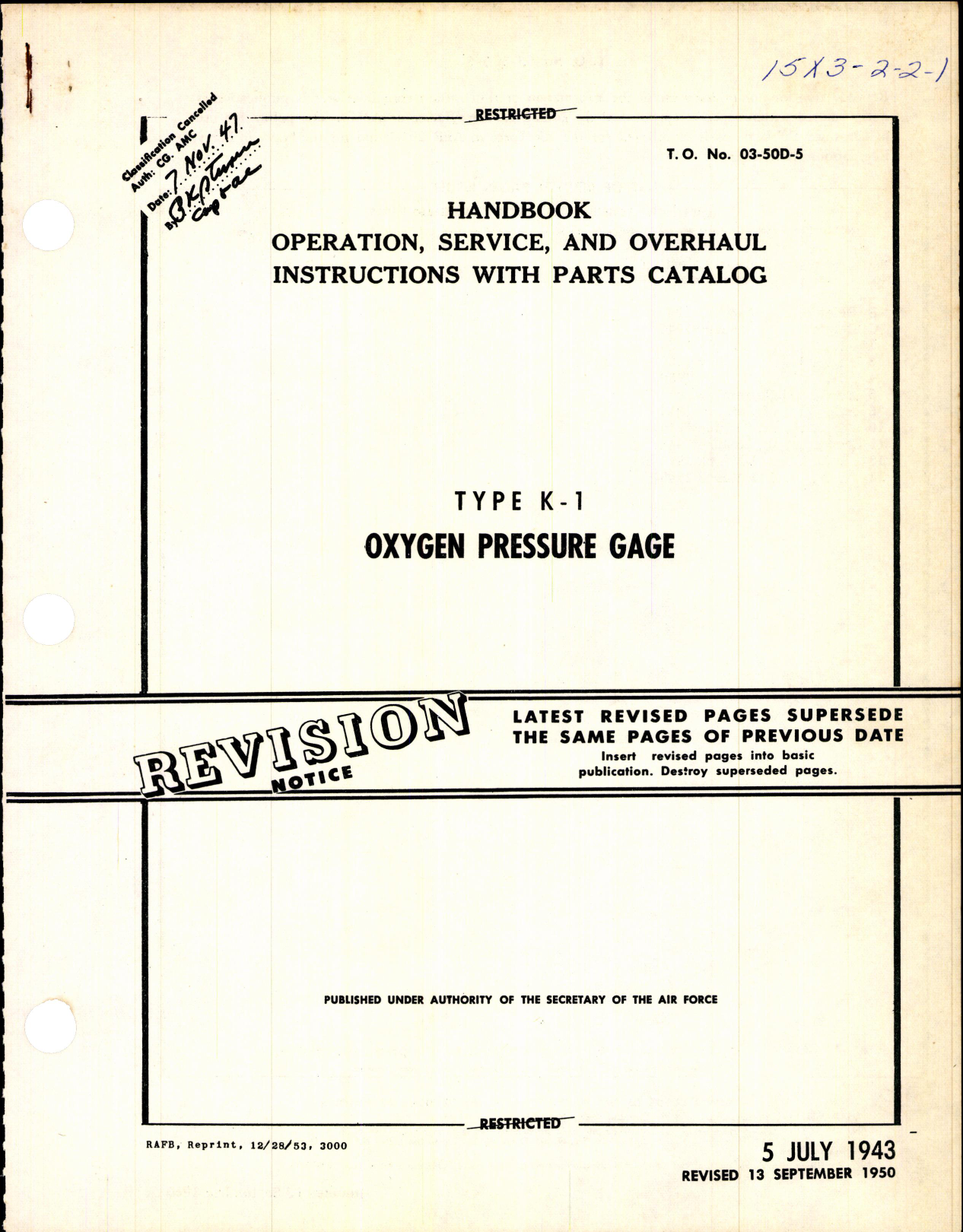 Sample page 1 from AirCorps Library document: Type K-1 Oxygen Pressure Gage