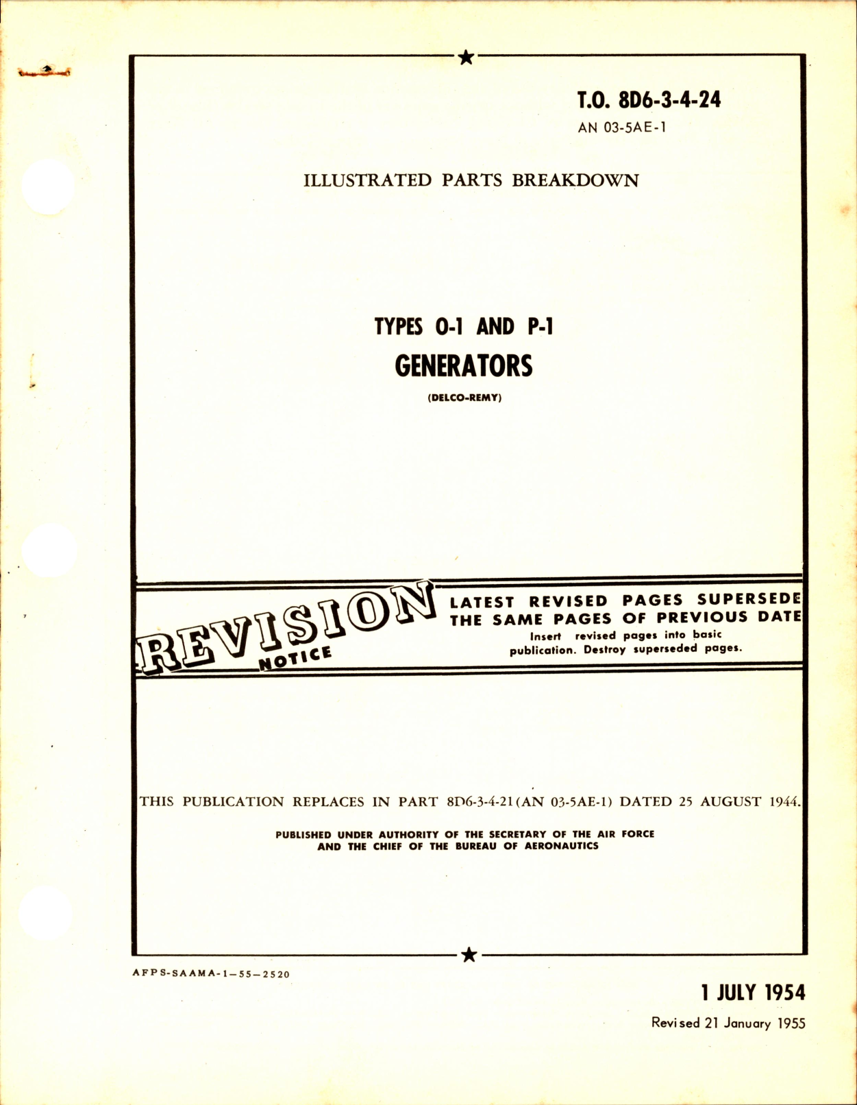 Sample page 1 from AirCorps Library document: Illustrated Parts Breakdown for Types O-1 and P-1 Generators