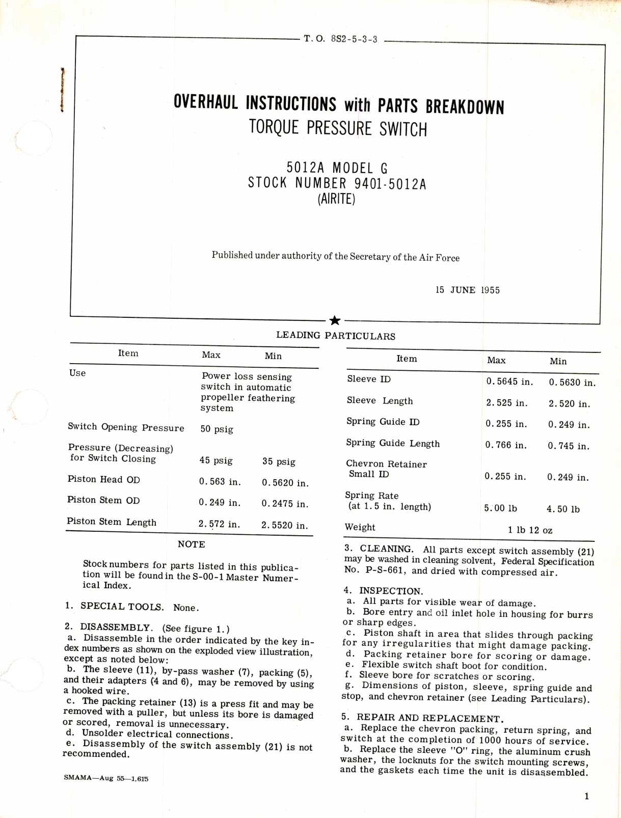 Sample page 1 from AirCorps Library document: Torque Pressure Switch 5012A Model G, Stock No. 9401-5012A