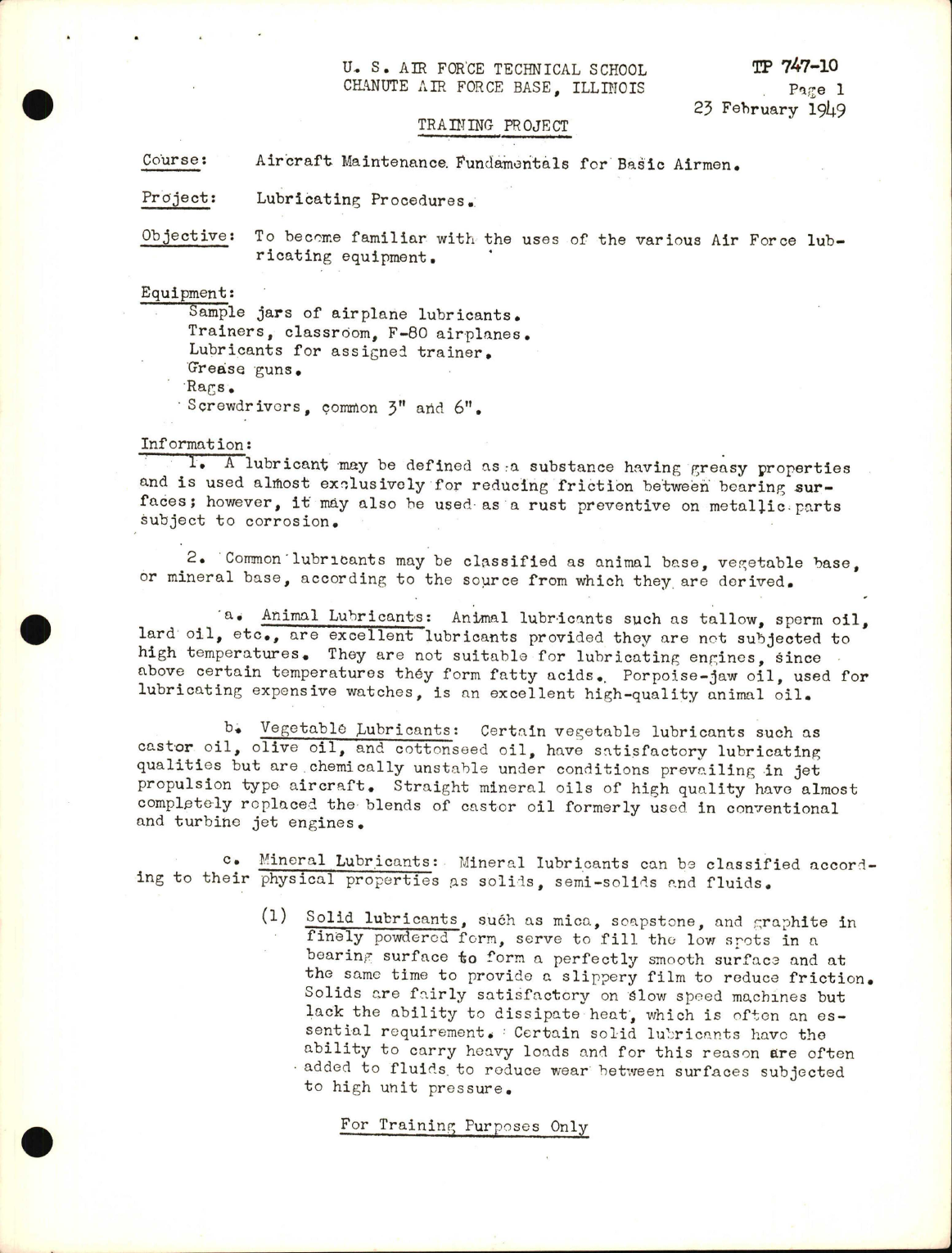 Sample page 1 from AirCorps Library document: Training Project, Lubricating Procedures