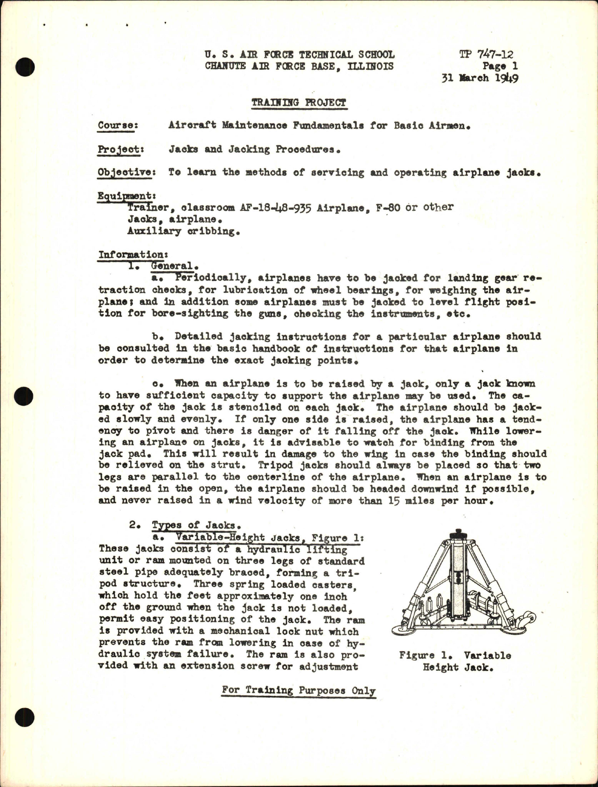 Sample page 1 from AirCorps Library document: Training Project, Jacks and Jacking Procedures