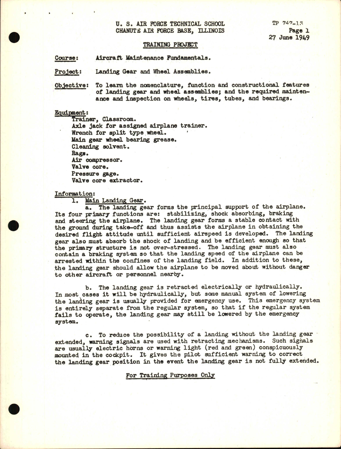 Sample page 1 from AirCorps Library document: Training Project, Landing Gear and Wheel Assemblies