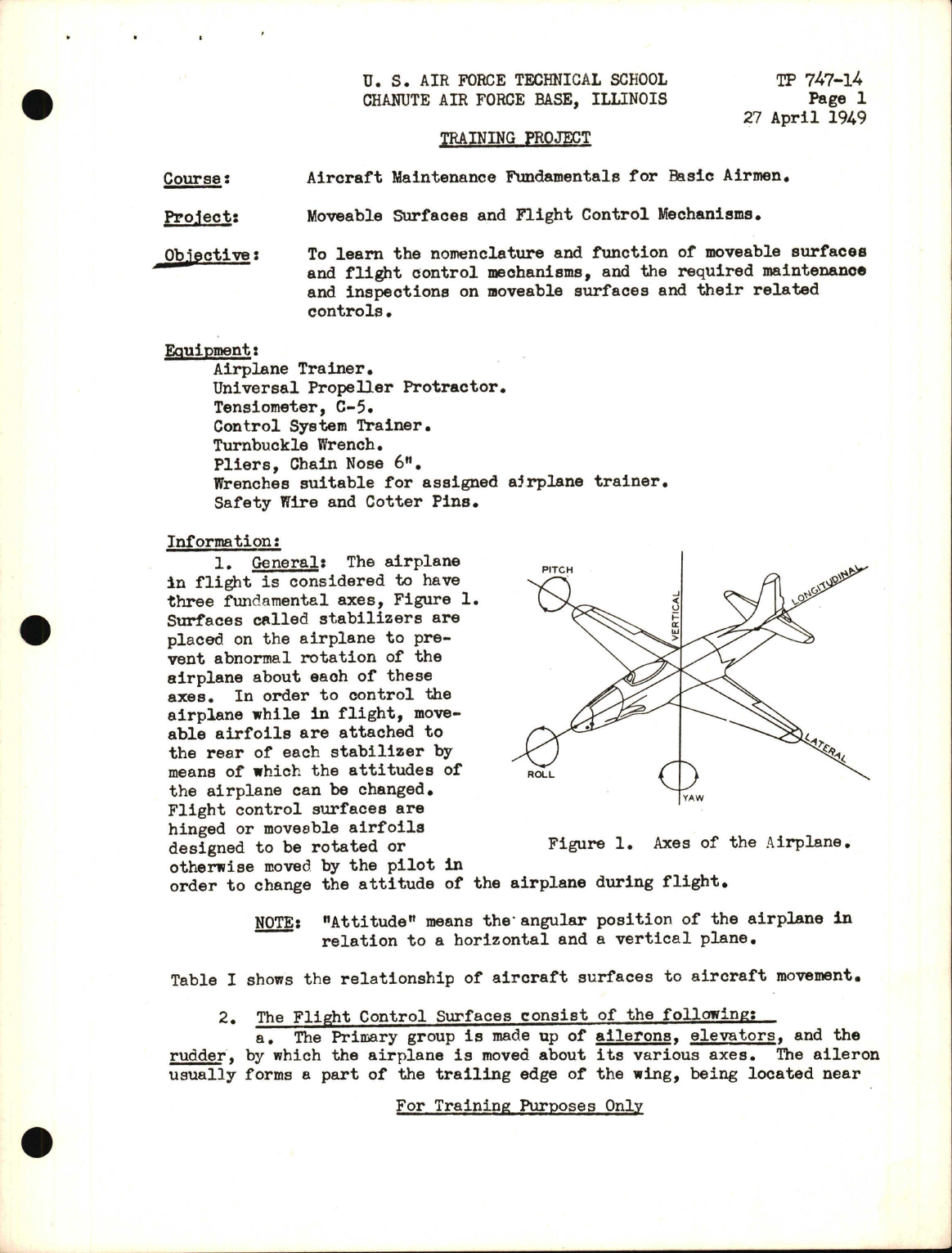 Sample page 1 from AirCorps Library document: Training Project, Moveable Surfaces and Flight Control Mechanisms