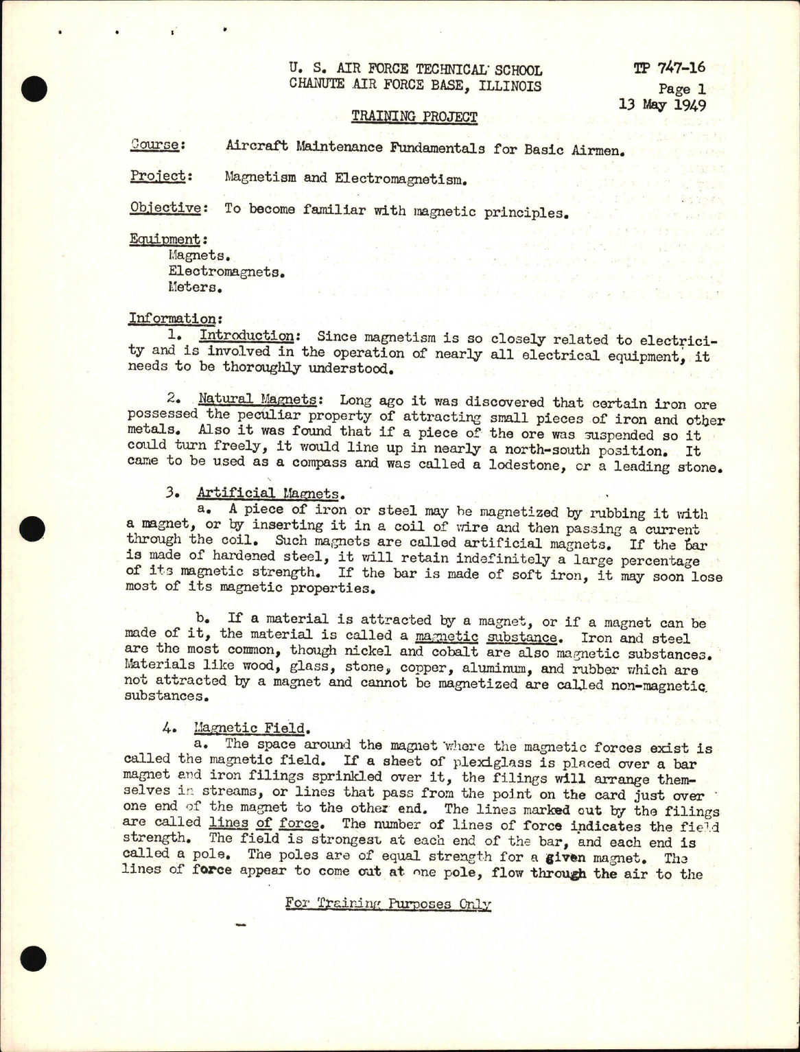 Sample page 1 from AirCorps Library document: Training Project, Magnetism and Electromagnetism