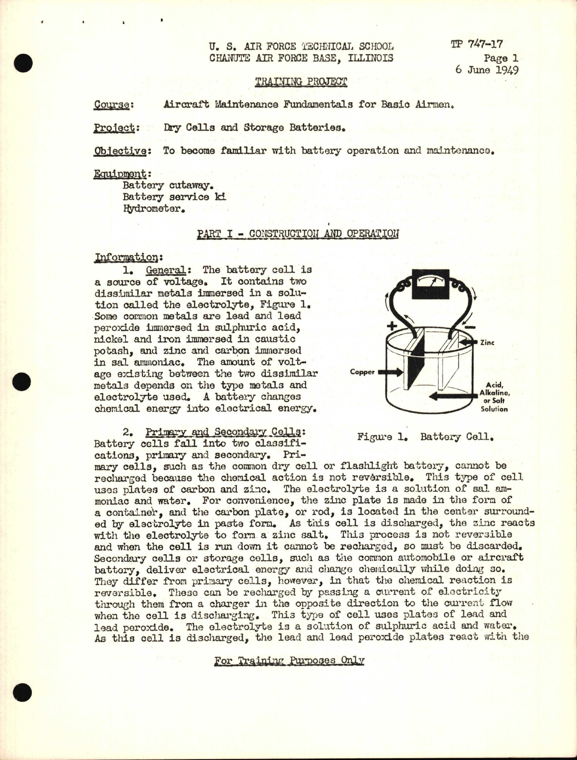 Sample page 1 from AirCorps Library document: Training Project, Dry Cells and Storage Batteries