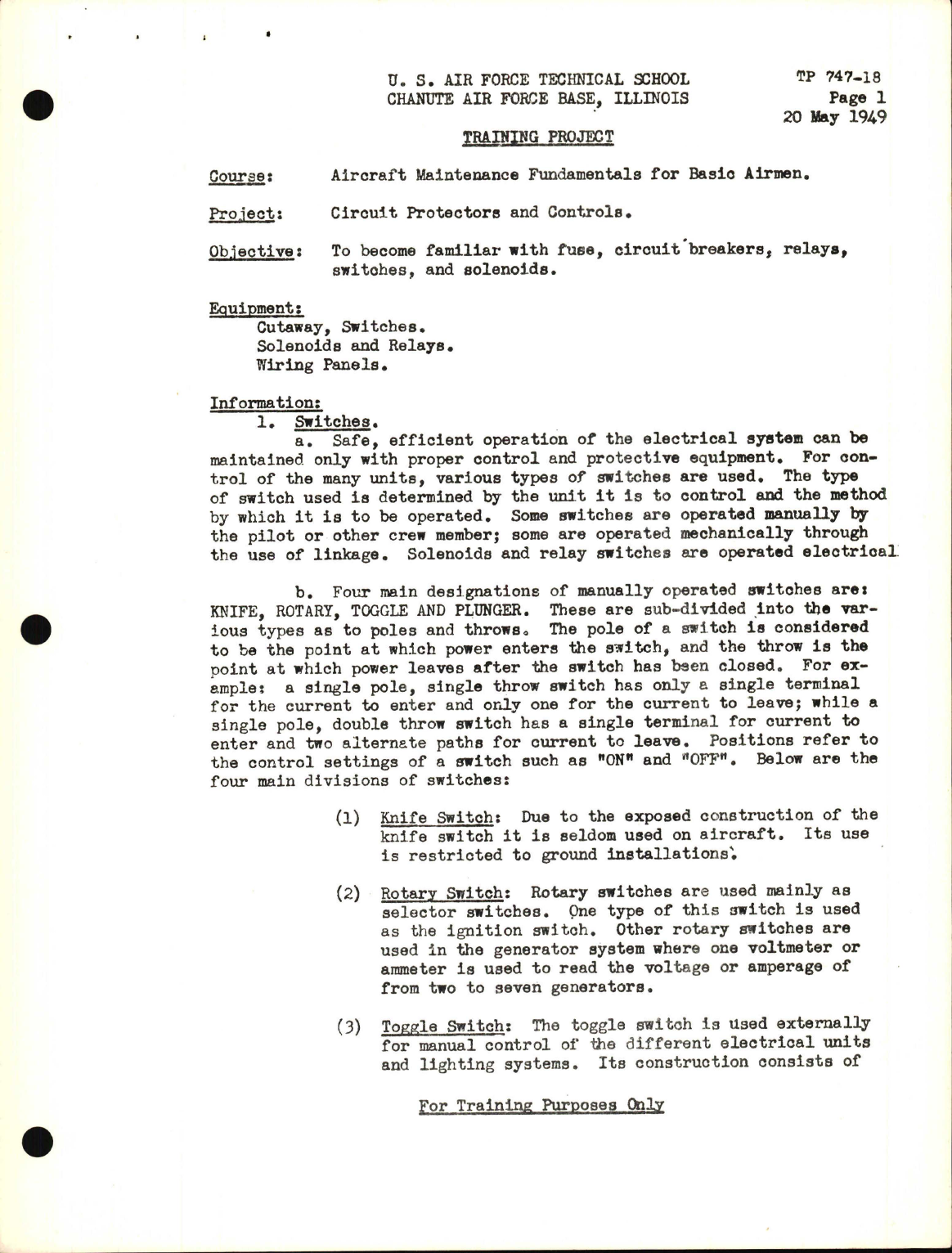 Sample page 1 from AirCorps Library document: Training Project, Circuit Protectors and Controls
