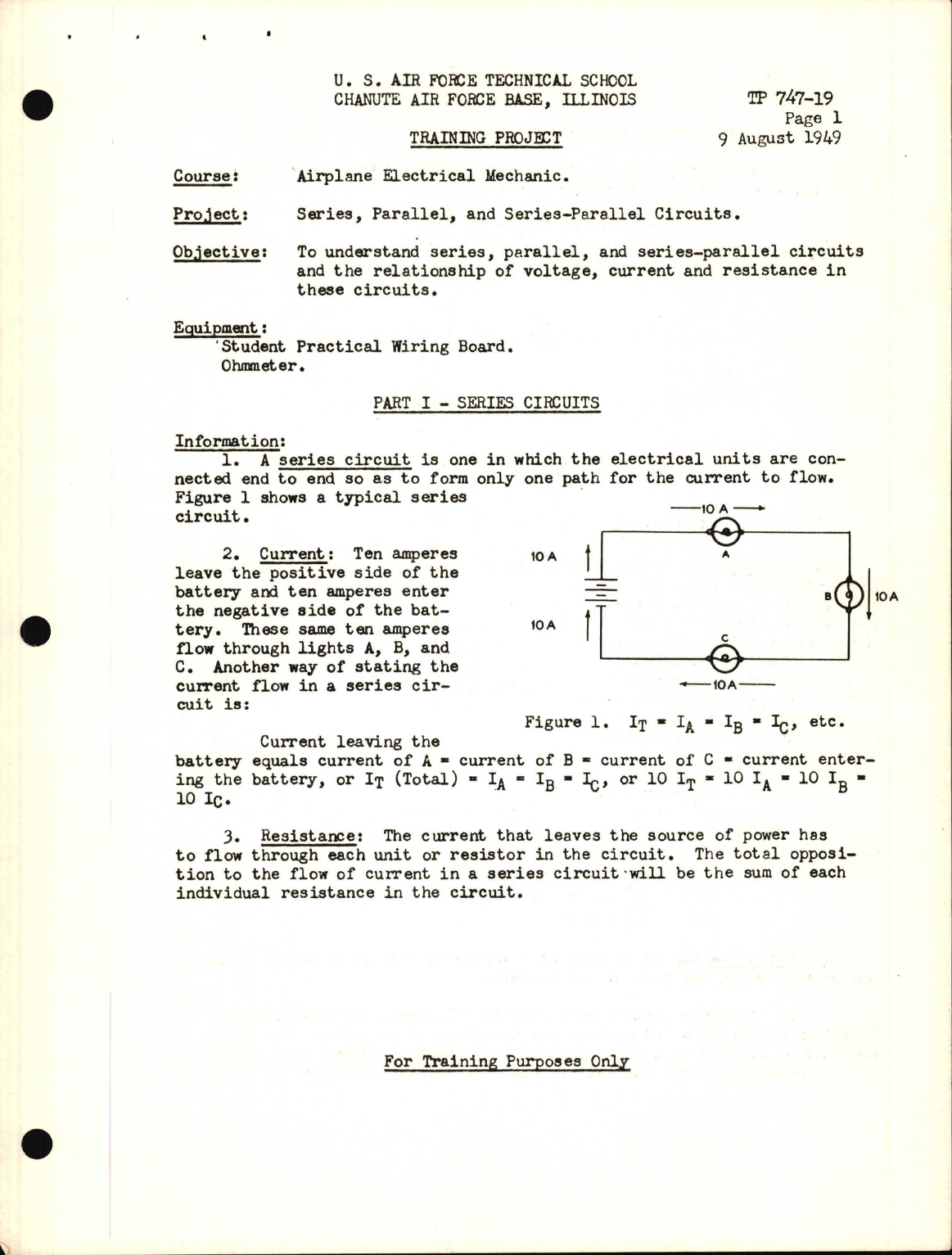 Sample page 1 from AirCorps Library document: Training Project, Series, Parallel, and Series-Parallel Circuits