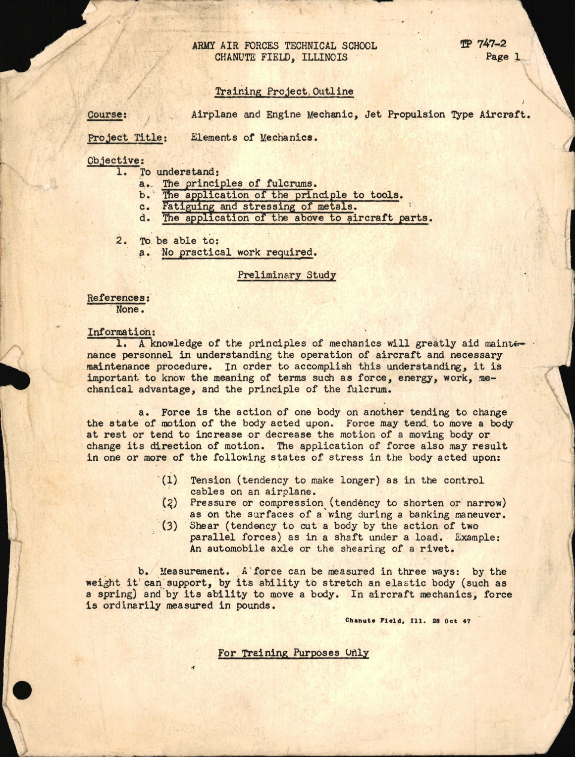 Sample page 1 from AirCorps Library document: Training Project - Elements of Mechanics