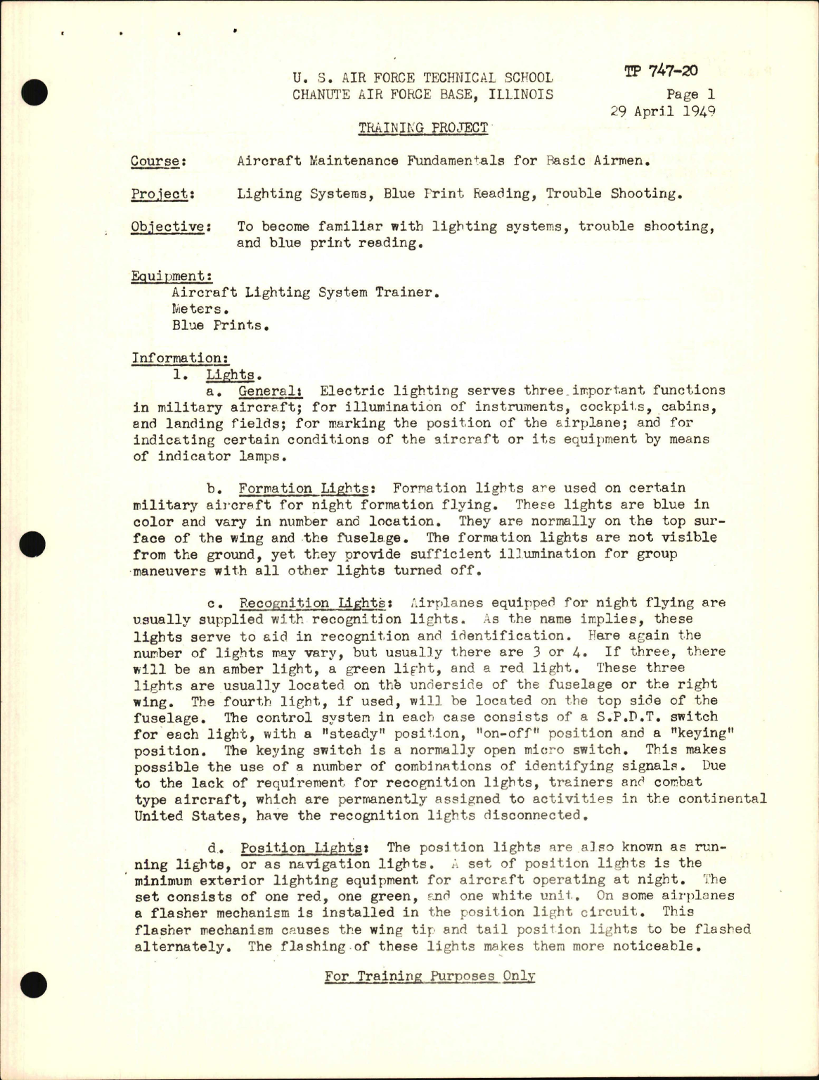 Sample page 1 from AirCorps Library document: Training Project, Lighting Systems, Blue Print Reading, Trouble Shooting
