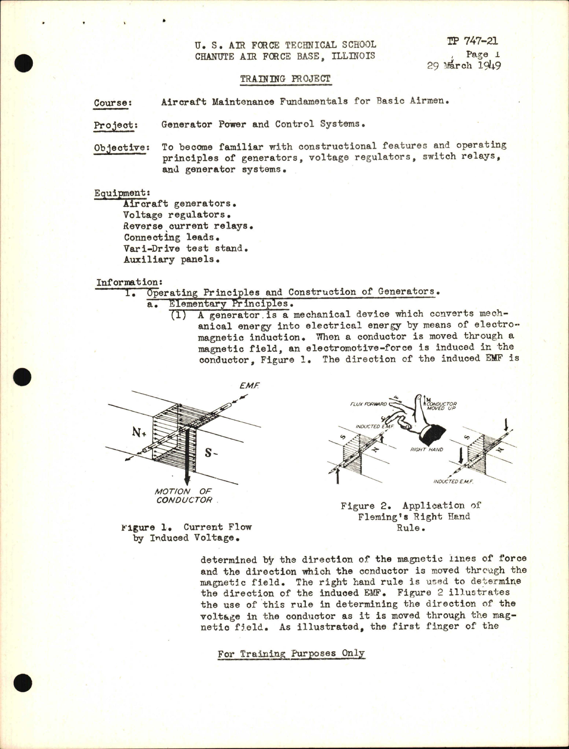Sample page 1 from AirCorps Library document: Training Project, Generator Power and Control Systems