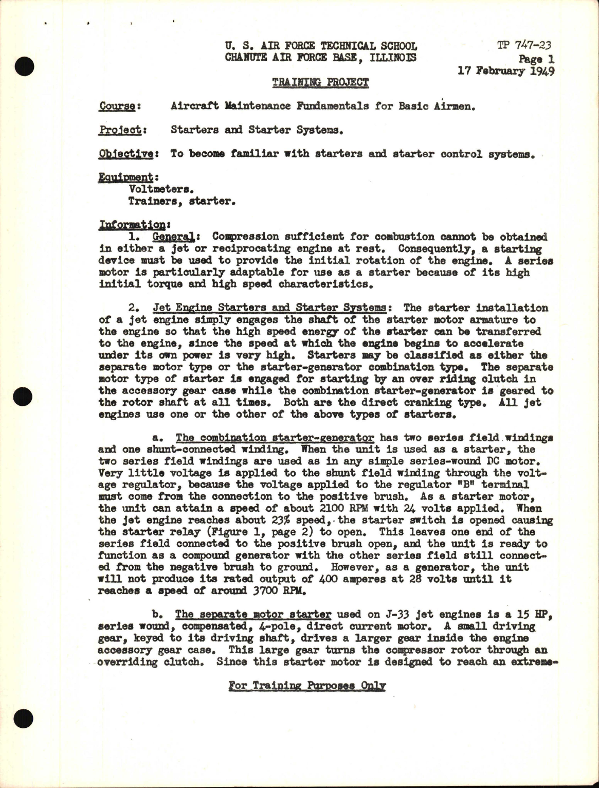 Sample page 1 from AirCorps Library document: Training Project, Starters and Starter Systems