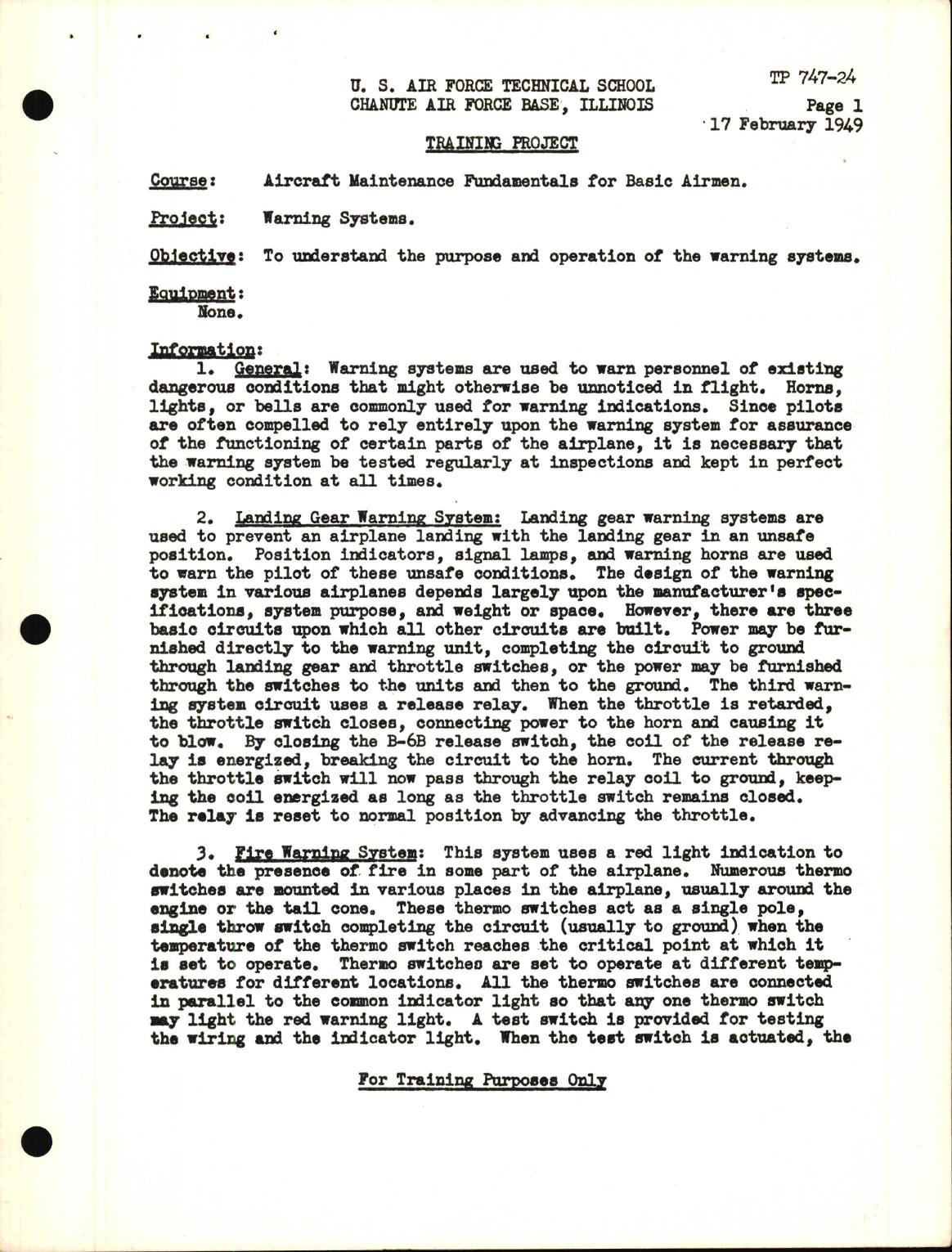 Sample page 1 from AirCorps Library document: Training Project, Warning Systems