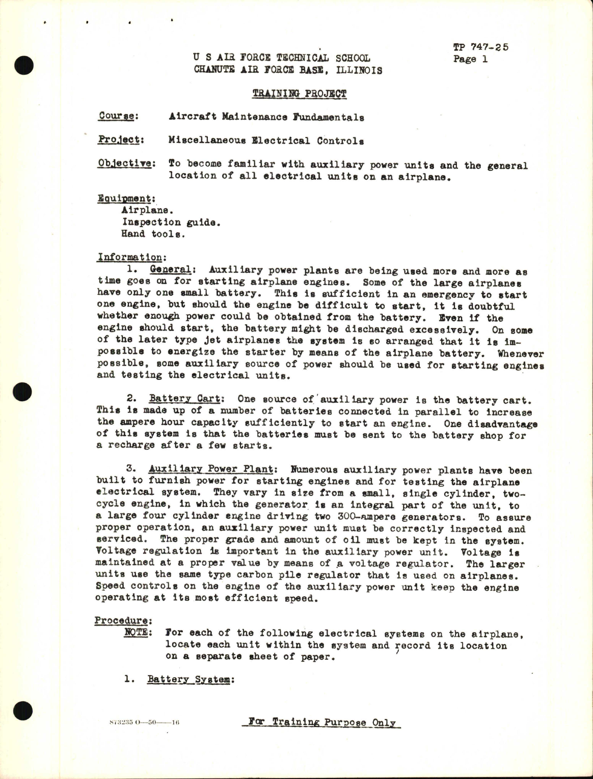 Sample page 1 from AirCorps Library document: Training Project, Miscellaneous Electrical Controls
