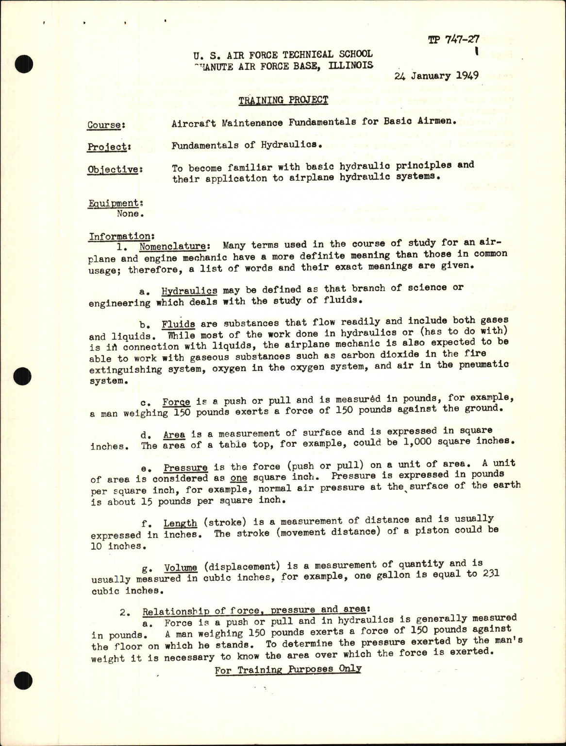 Sample page 1 from AirCorps Library document: Training Project, Fundamentals of Hydraulics