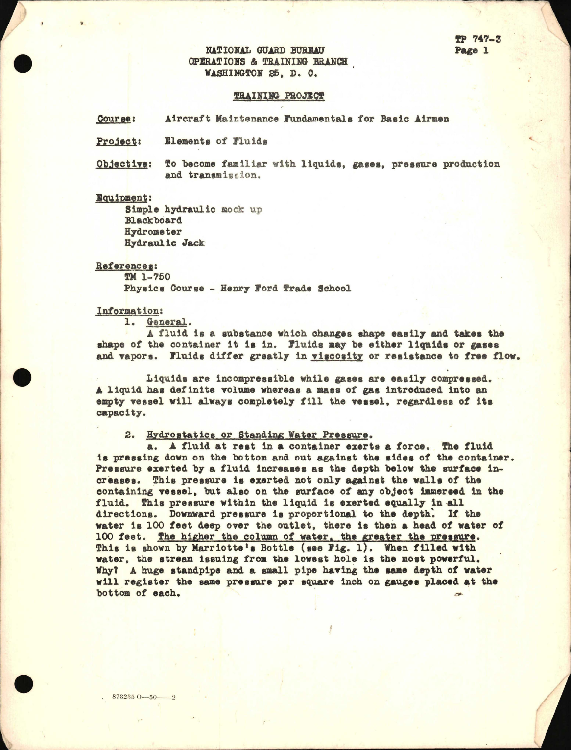 Sample page 1 from AirCorps Library document: Training Project, Elements of Fluids