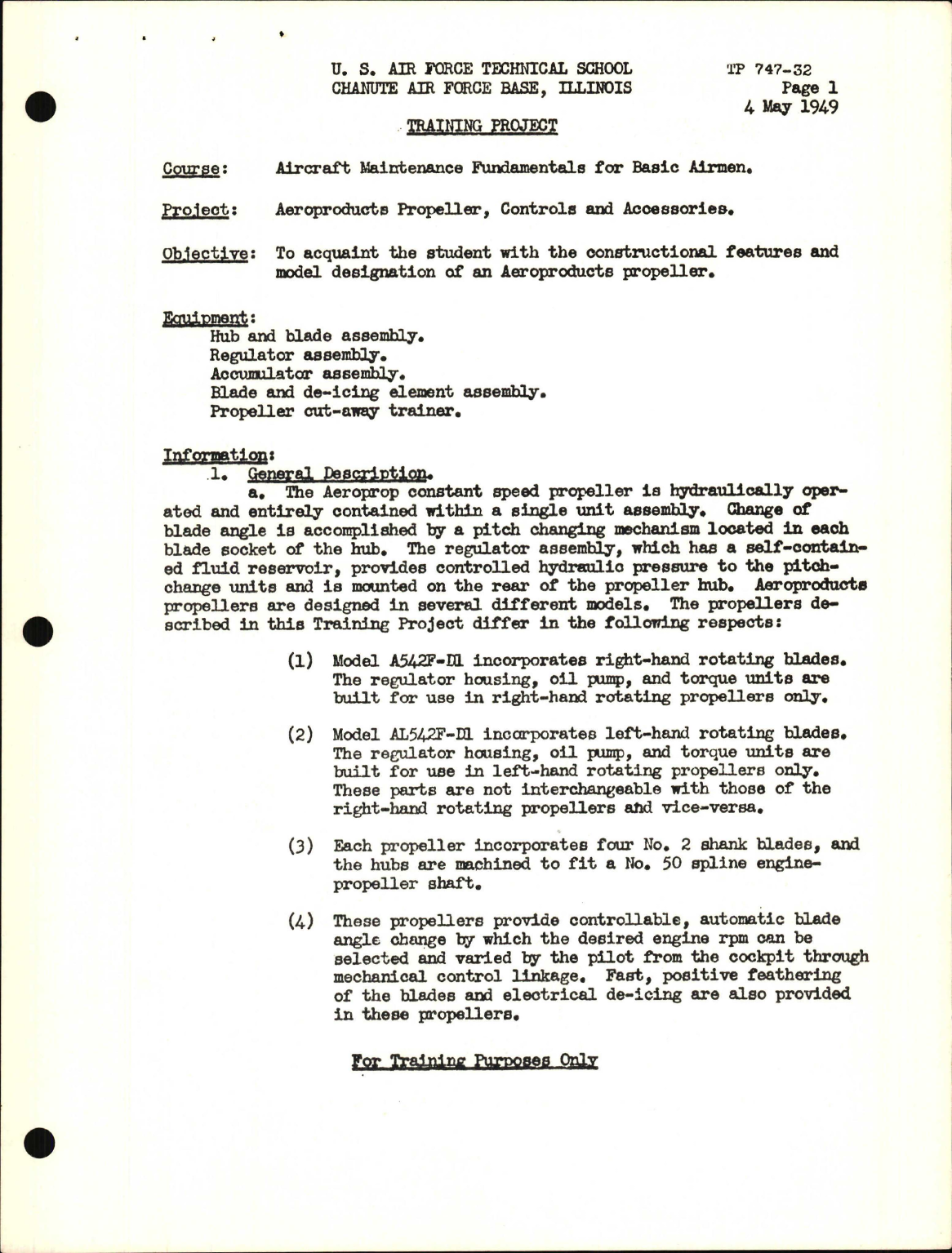 Sample page 1 from AirCorps Library document: Training Project, Aeroproducts Propeller, Controls and Accessories