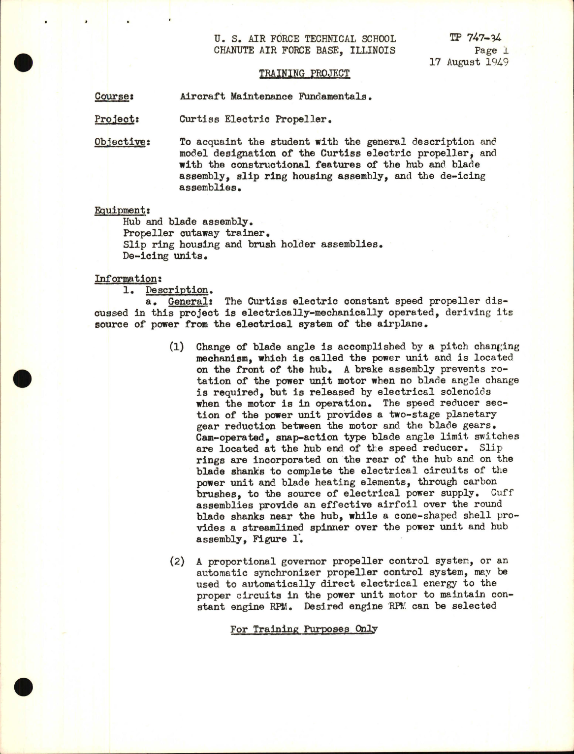 Sample page 1 from AirCorps Library document: Training Project, Curtiss Electric Propeller
