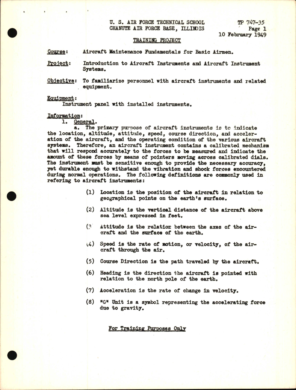 Sample page 1 from AirCorps Library document: Training Project, Introduction to Aircraft Instruments and Aircraft Instrument Systems