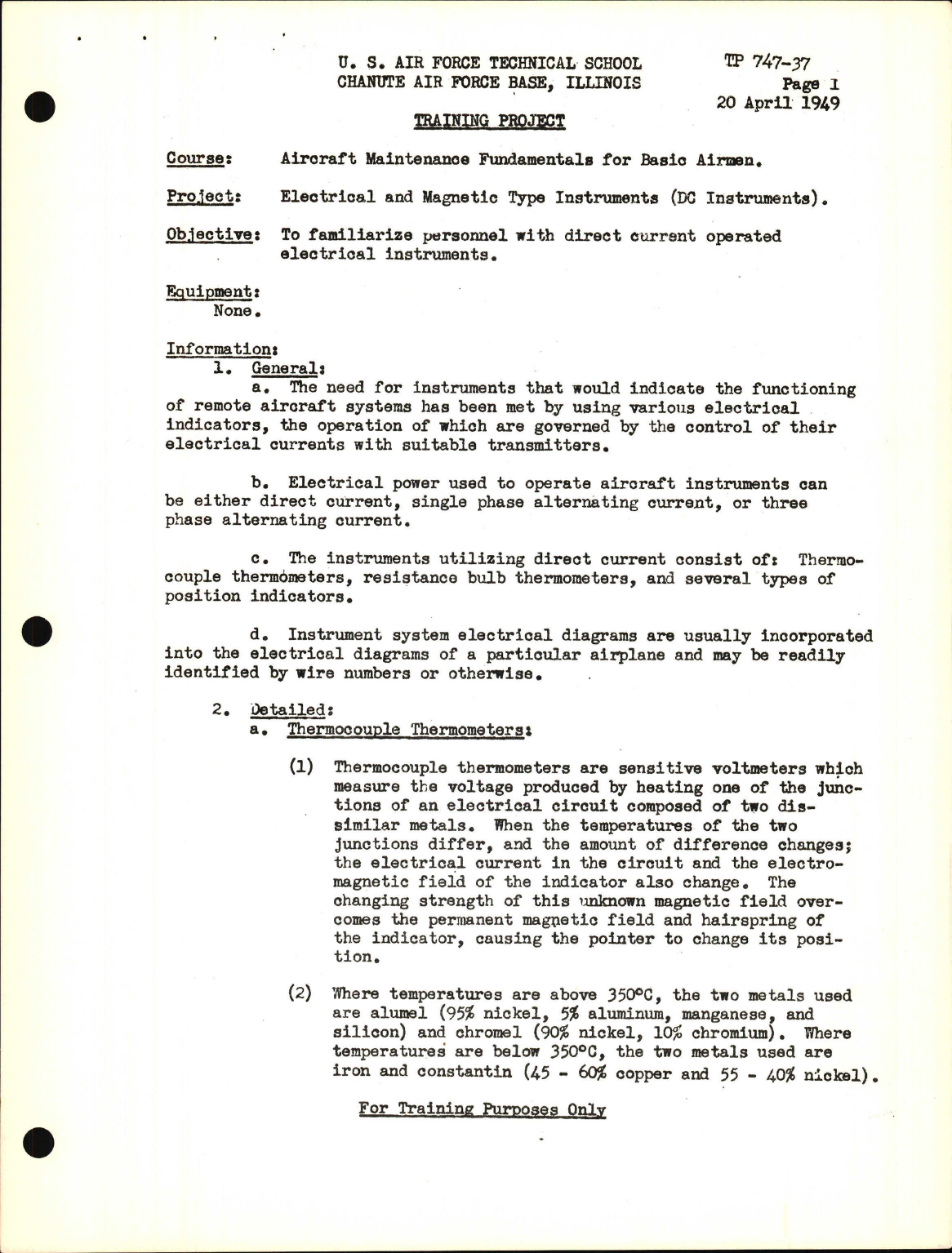 Sample page 1 from AirCorps Library document: Training Project, Electrical and Magnetic Type Instruments (DC Instruments) 