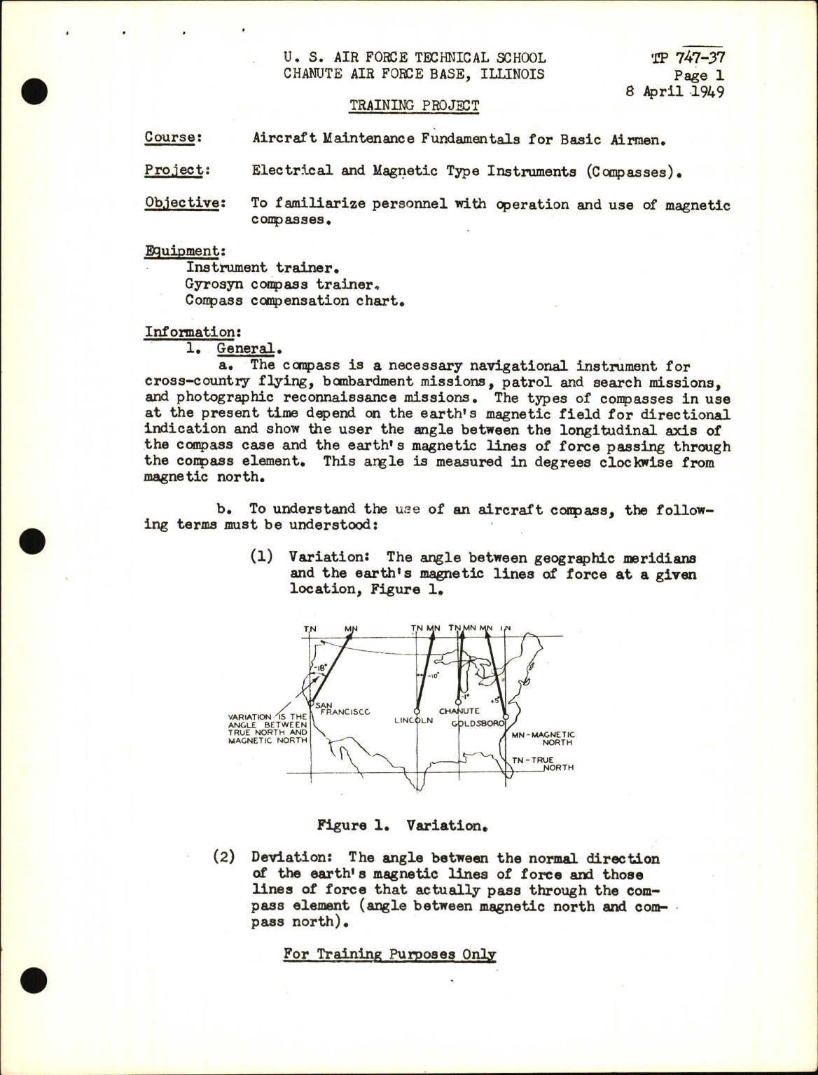 Sample page 1 from AirCorps Library document: Training Project, Electrical and Magnetic Type Instruments (Compasses) 
