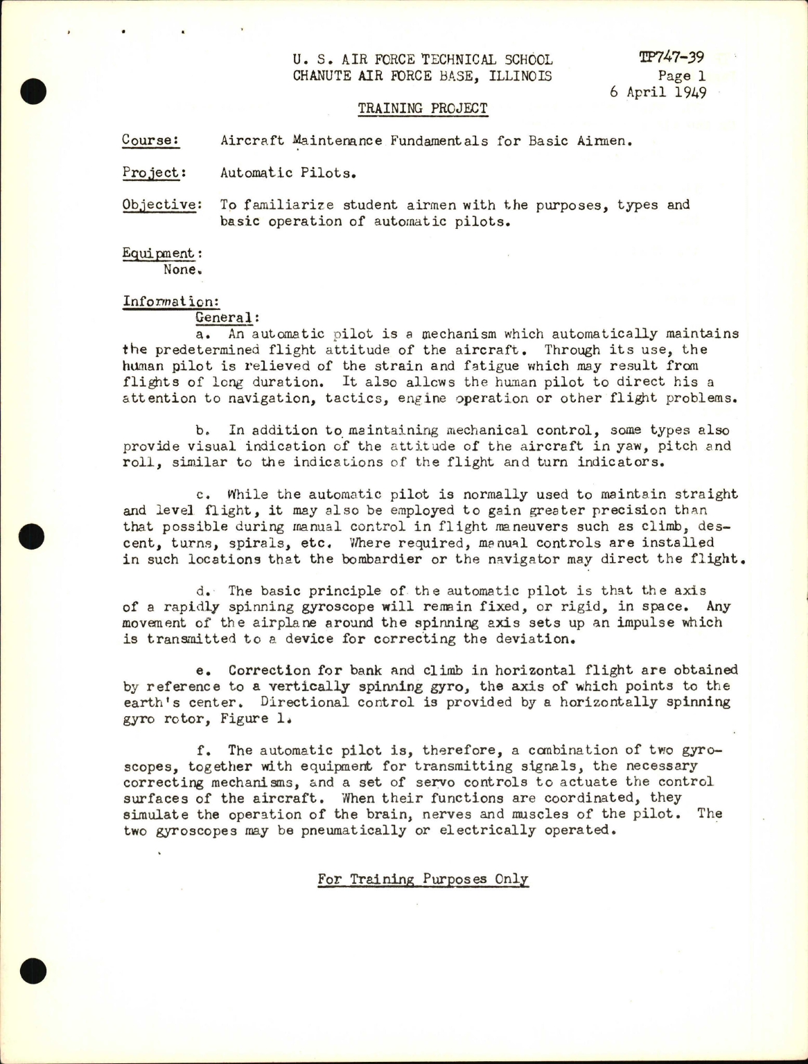 Sample page 1 from AirCorps Library document: Training Project, Automatic Pilots