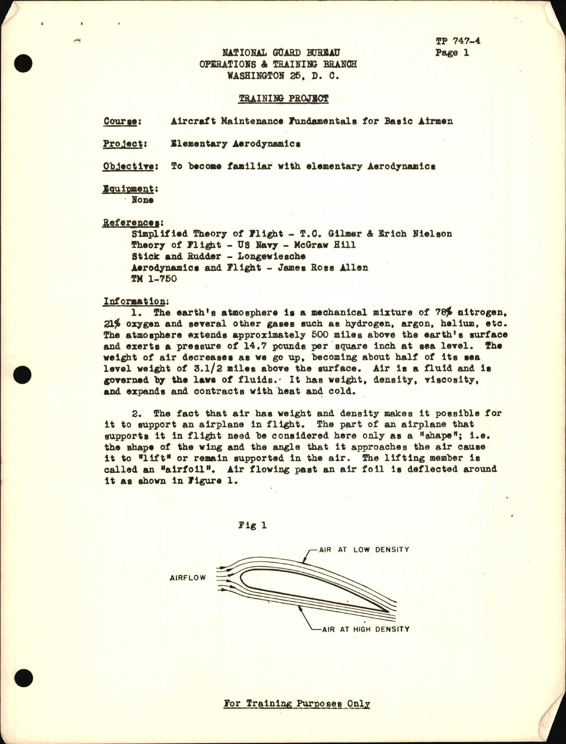 Sample page 1 from AirCorps Library document: Training Project, Elementary Aerodynamics