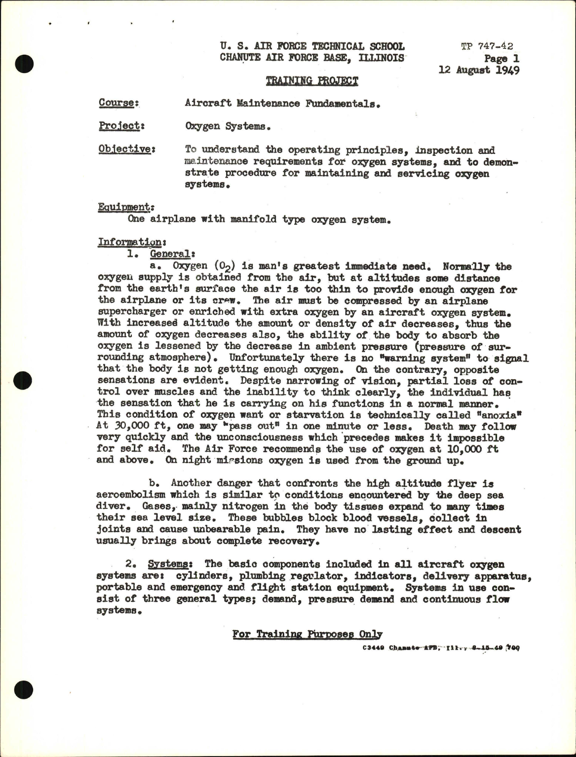 Sample page 1 from AirCorps Library document: Training Project, Oxygen Systems