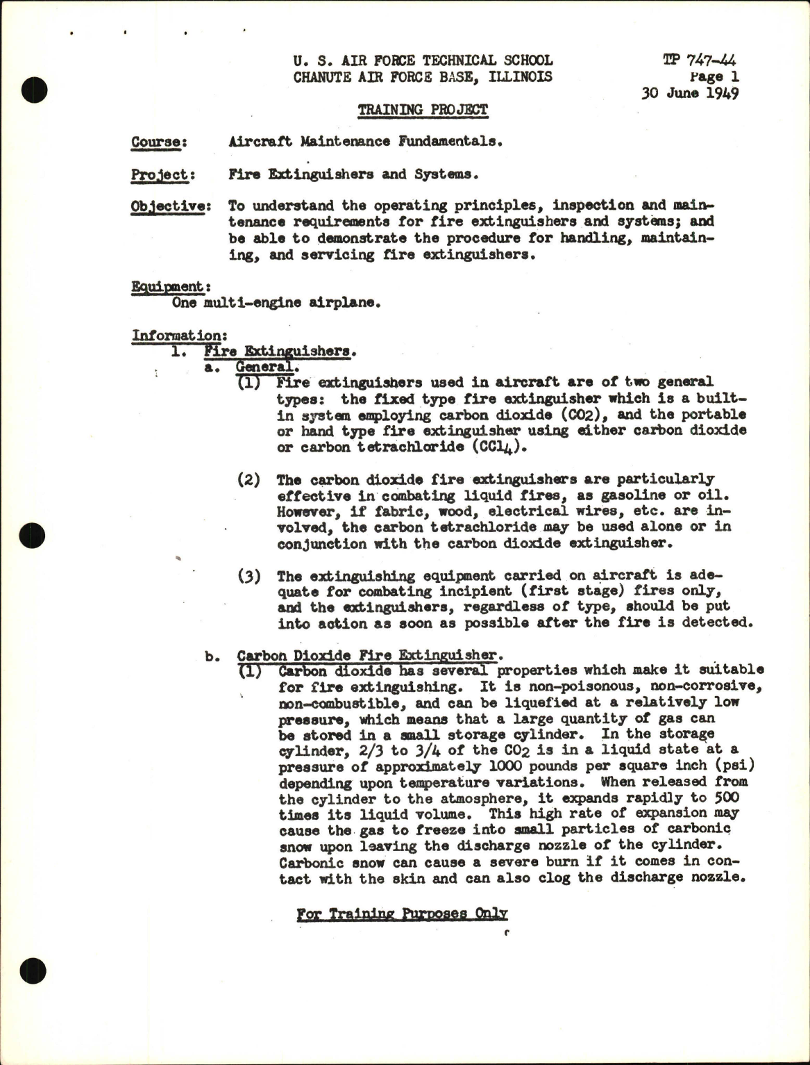 Sample page 1 from AirCorps Library document: Training Project, Fire Extinguishers and Systems