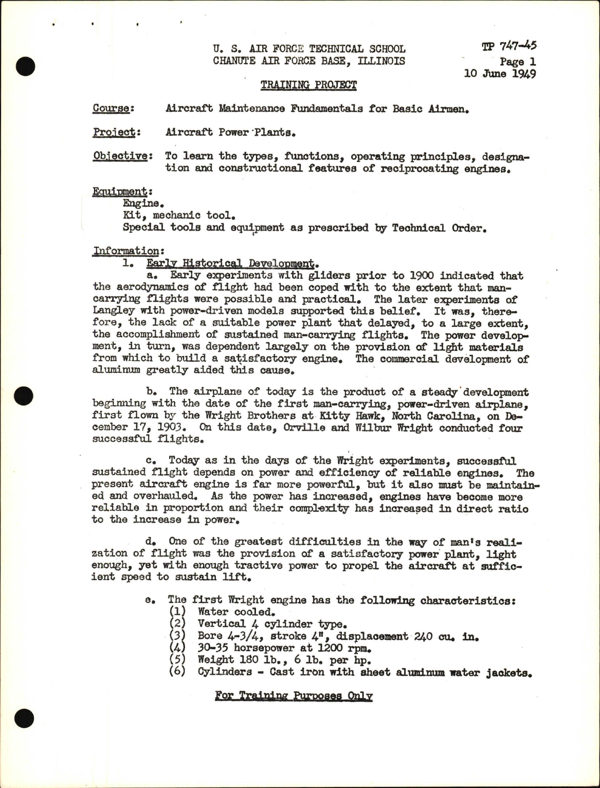 Sample page 1 from AirCorps Library document: Training Project, Aircraft Power Plants