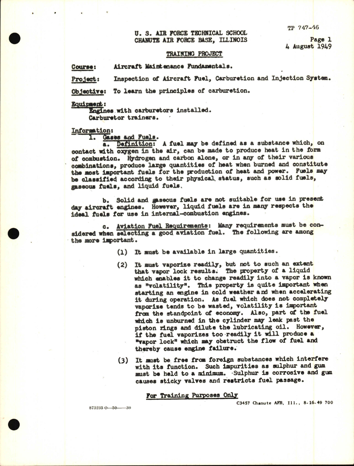 Sample page 1 from AirCorps Library document: Training Project, Inspection of Aircraft Fuel, Carburetion and Injection System