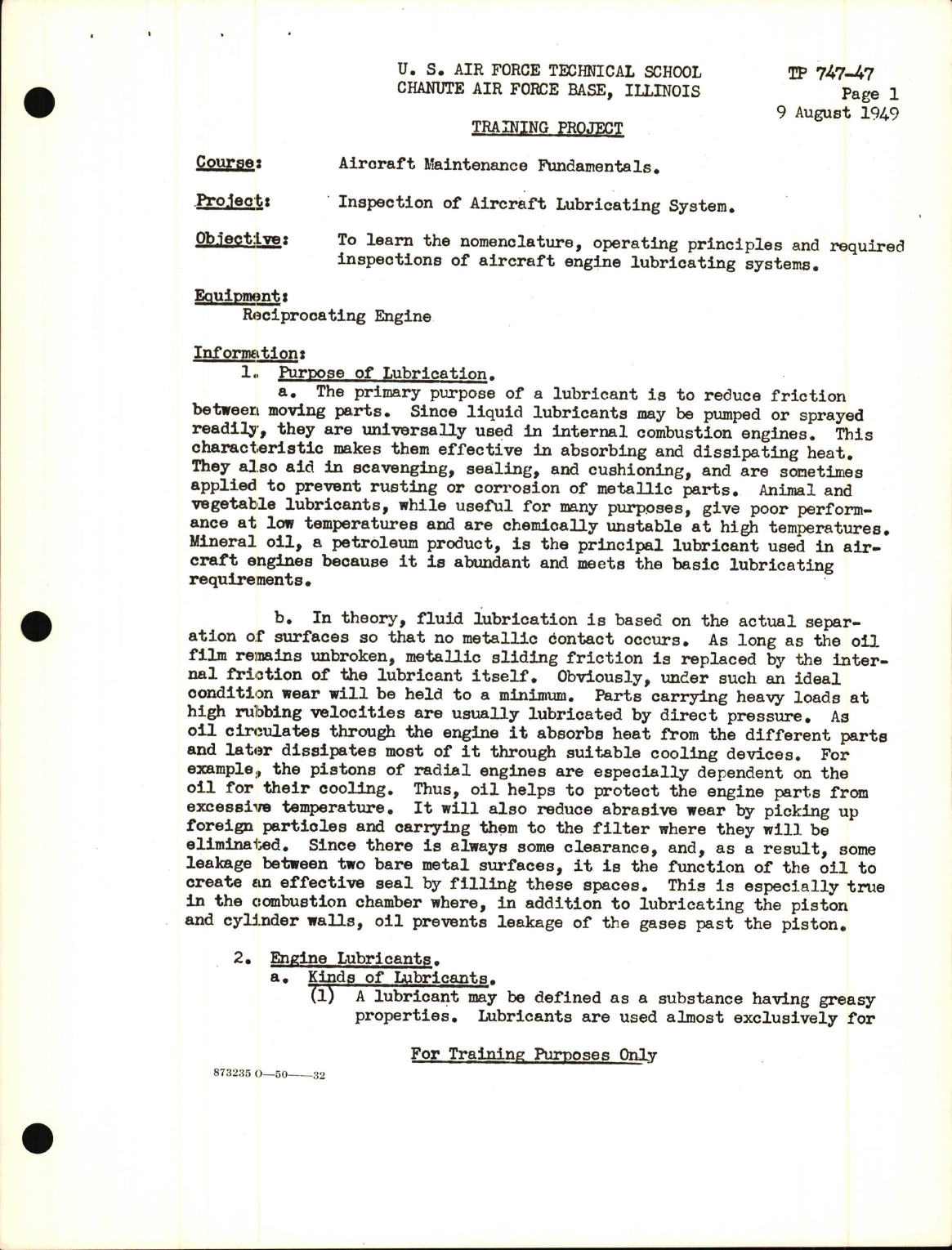 Sample page 1 from AirCorps Library document: Training Project, Inspection of Aircraft Lubricating System