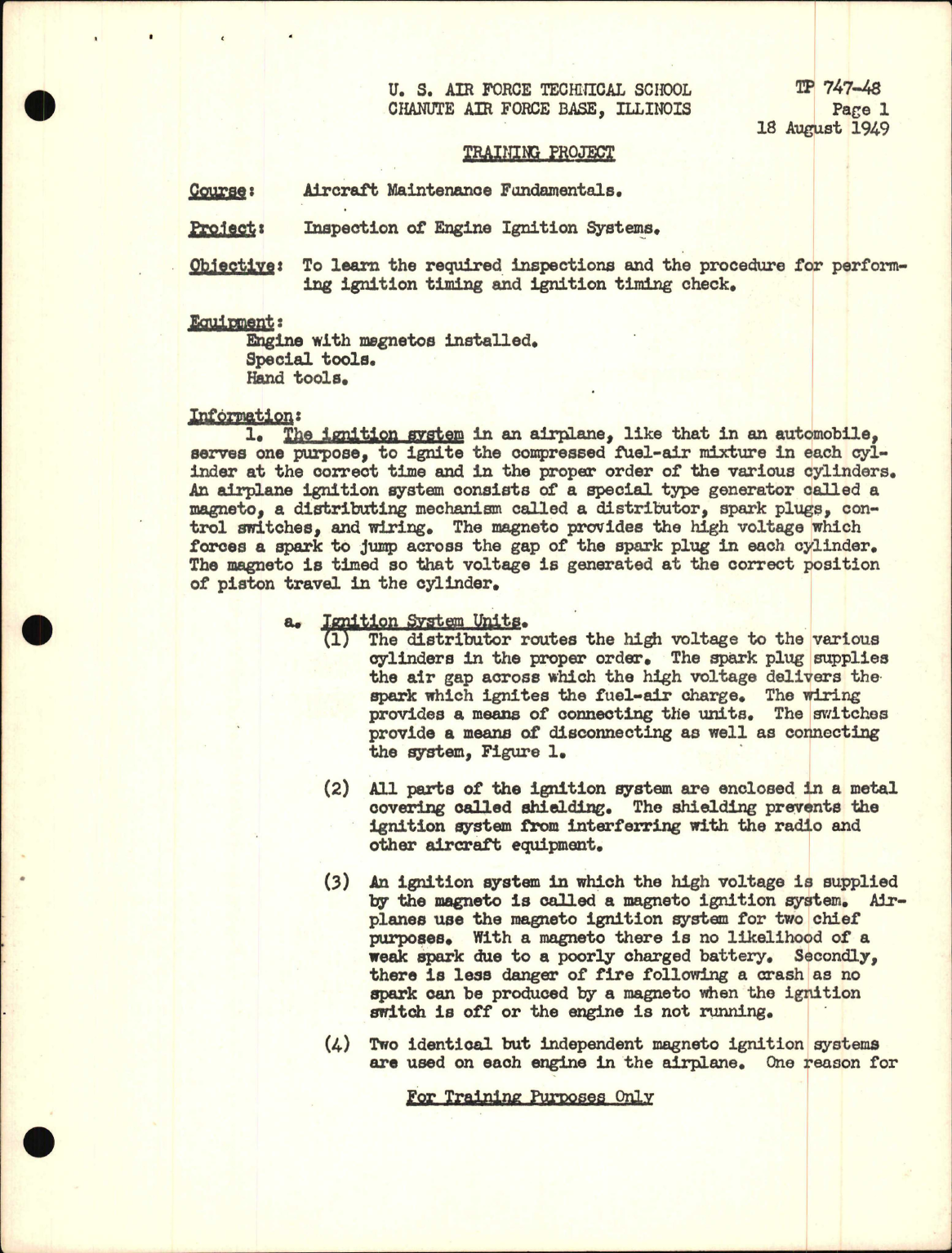 Sample page 1 from AirCorps Library document: Training Project, Inspection of Engine Ignition System